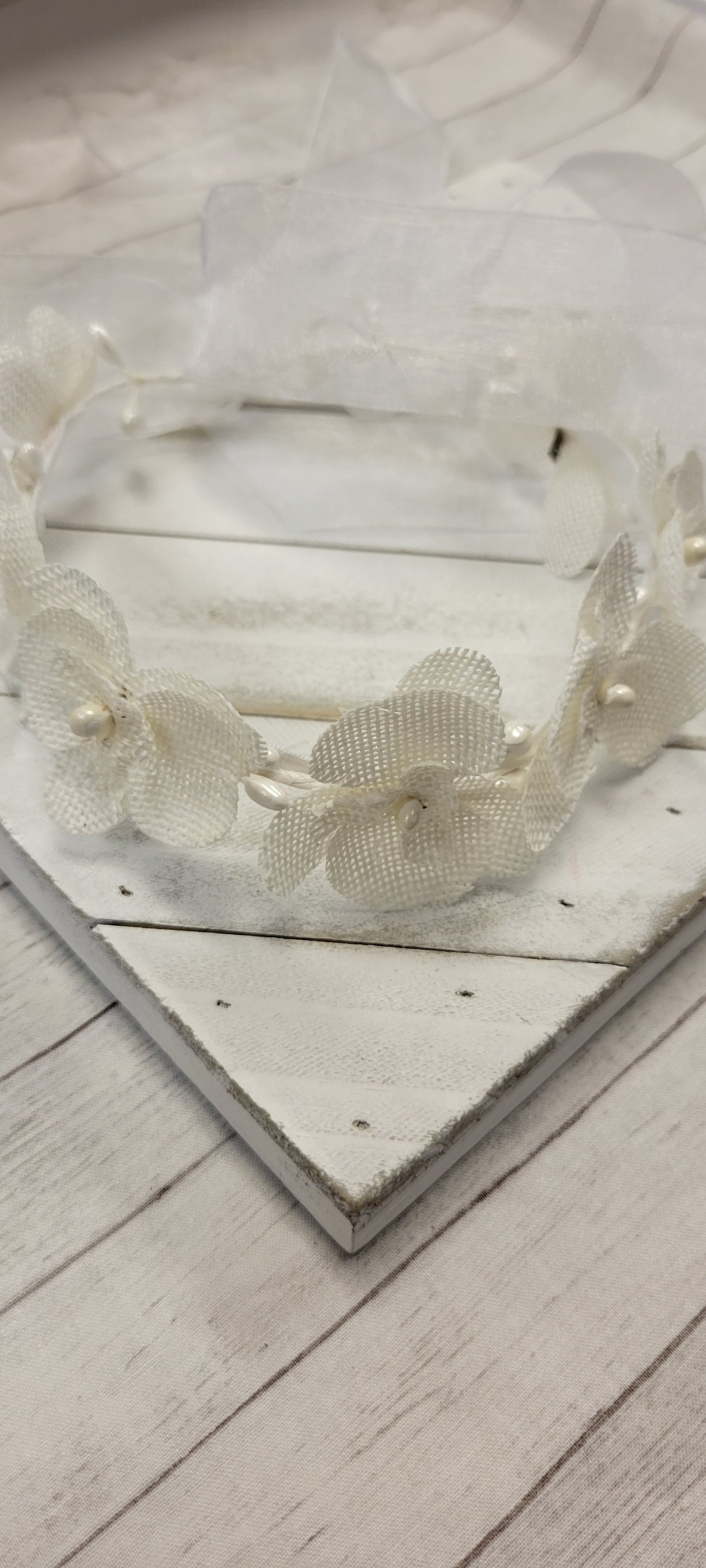 Girls First Communion Flower Crown Veil. Features Organza Flowers with Rhinestones and Pearls
