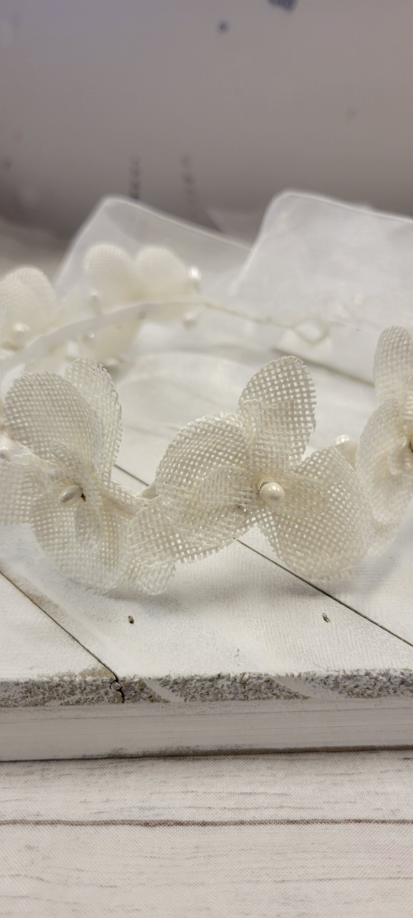 Girls First Communion Flower Crown Veil. Features Organza Flowers with Rhinestones and Pearls