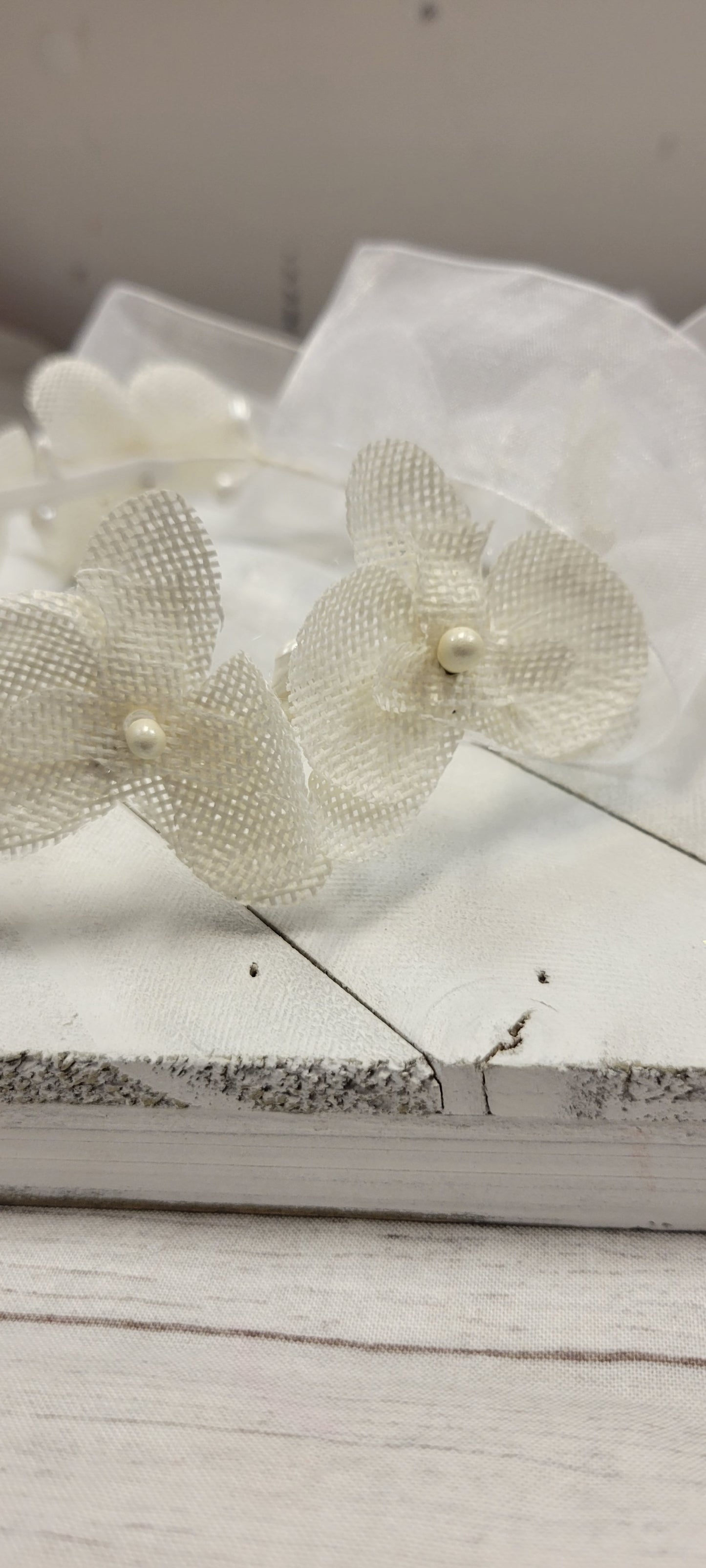 Girls First Communion Flower Crown Veil. Features Organza Flowers with Rhinestones and Pearls