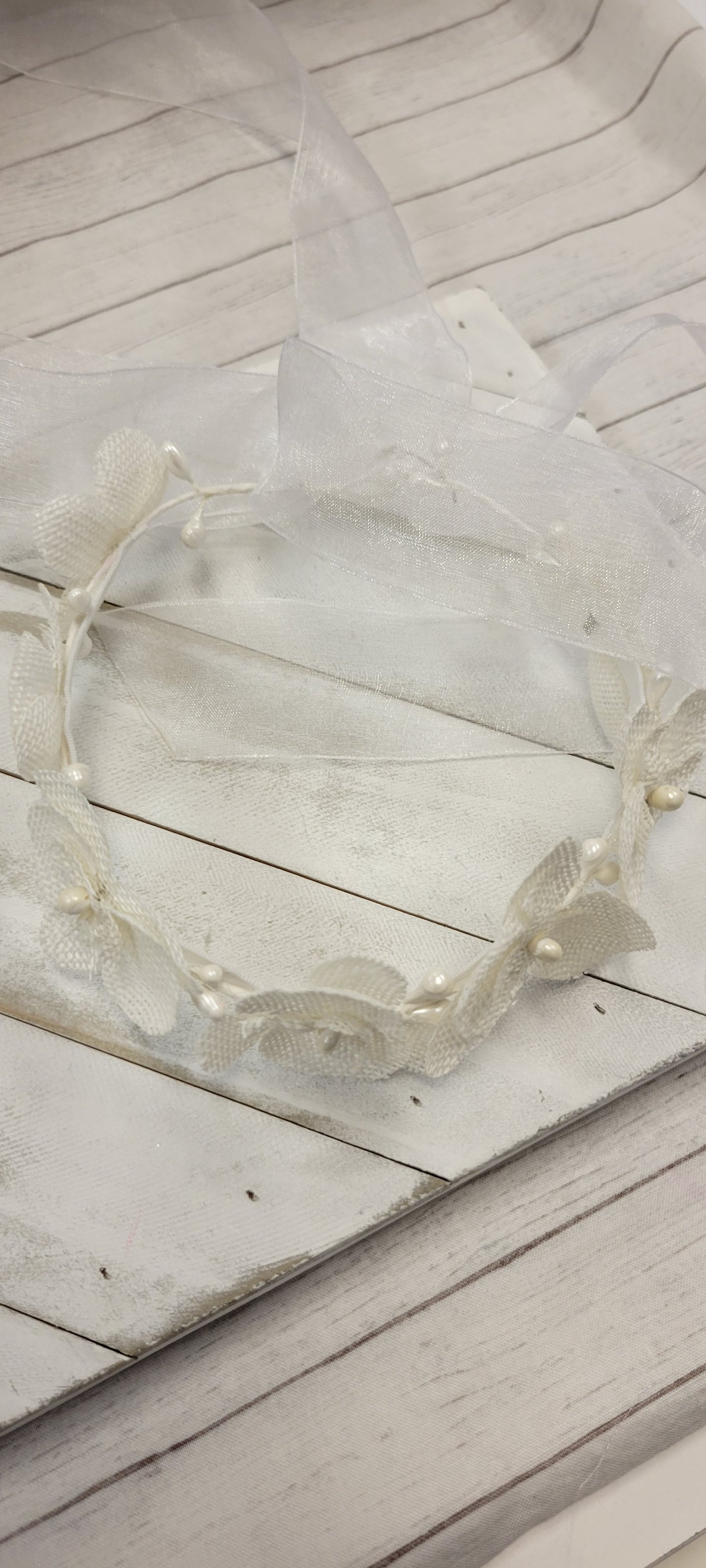 Girls First Communion Flower Crown Veil. Features Organza Flowers with Rhinestones and Pearls