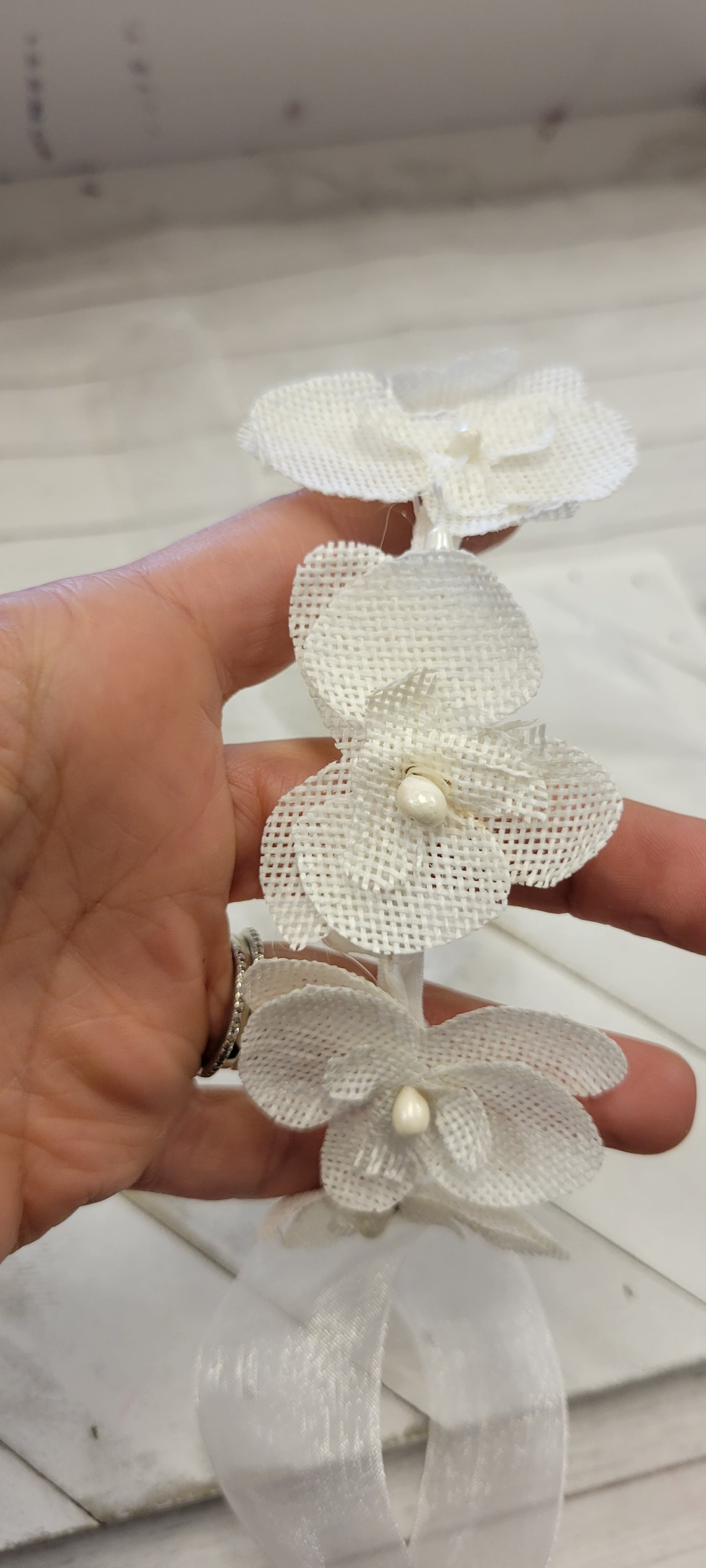 Girls First Communion Flower Crown Veil. Features Organza Flowers with Rhinestones and Pearls