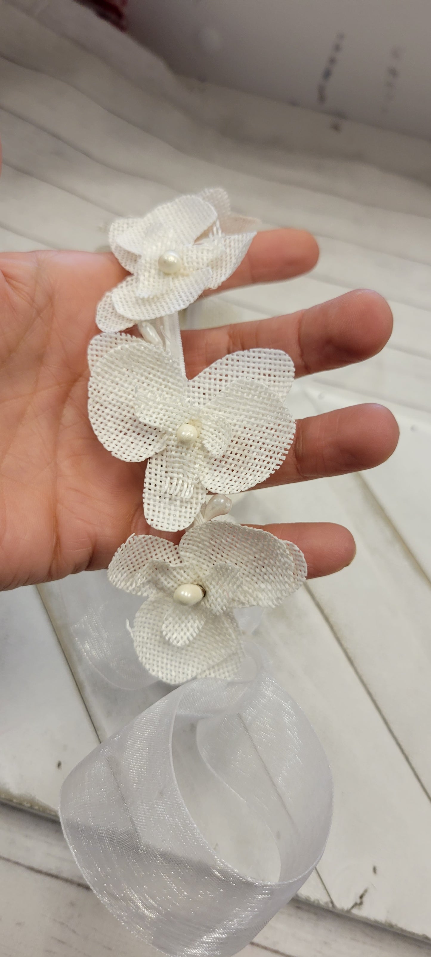 Girls First Communion Flower Crown Veil. Features Organza Flowers with Rhinestones and Pearls