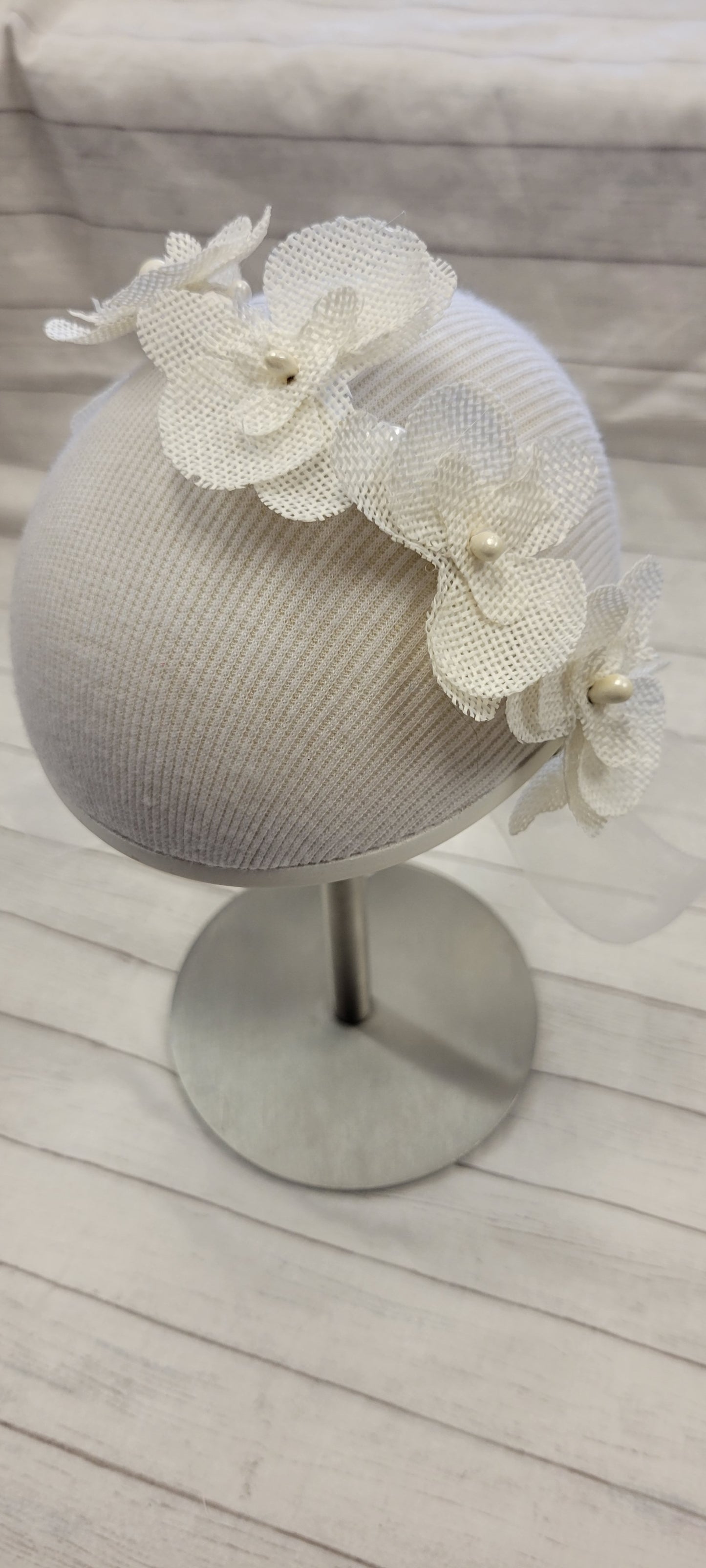 Girls First Communion Flower Crown Veil. Features Organza Flowers with Rhinestones and Pearls