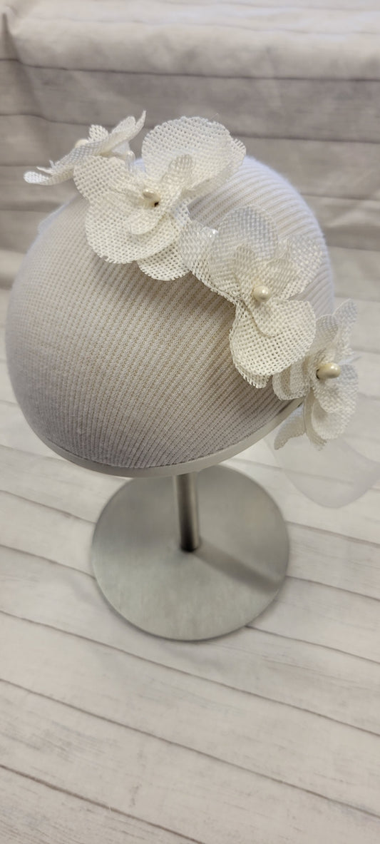 Girls First Communion Flower Crown Veil. Features Organza Flowers with Rhinestones and Pearls