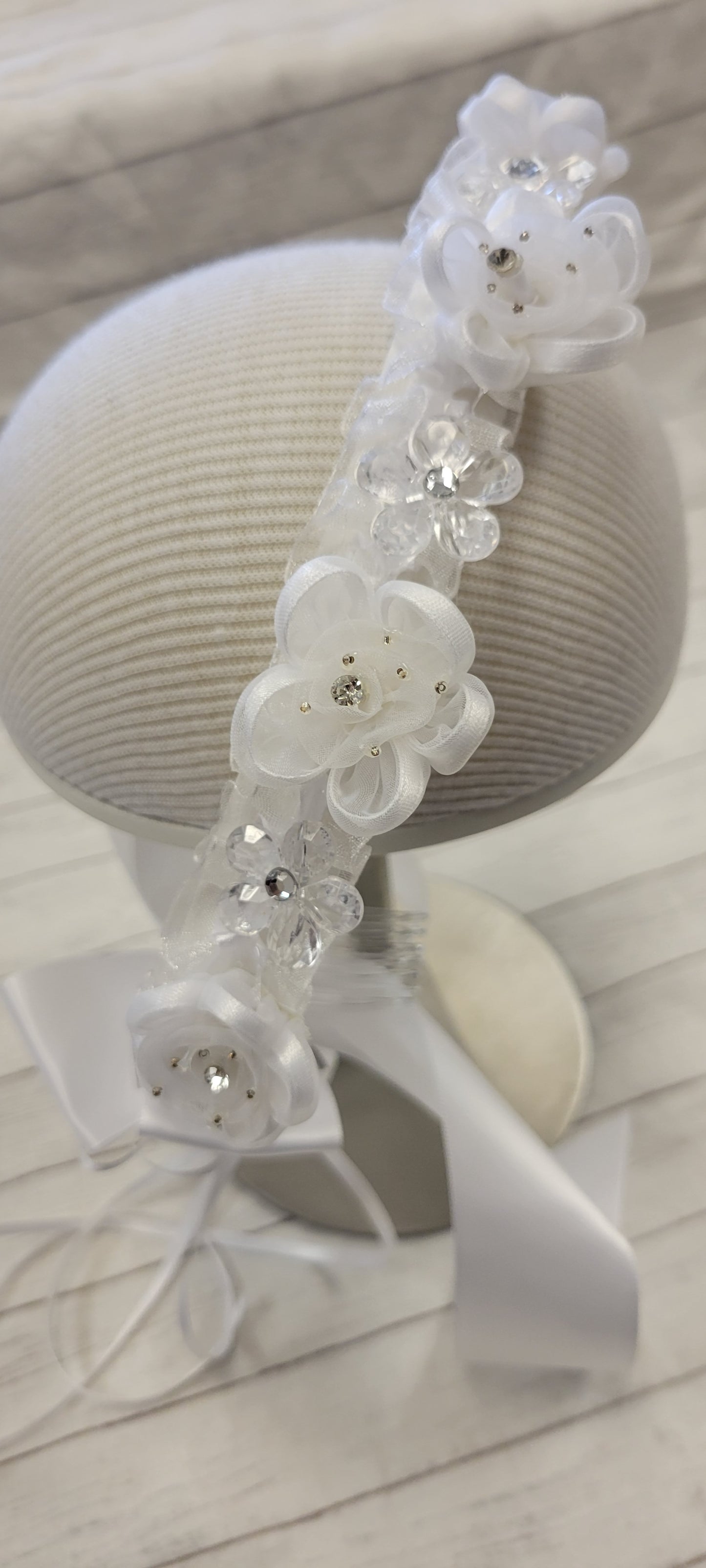 Girls First Communion Flower Crown Veil. Features Organza Flowers with Rhinestones and Pearls