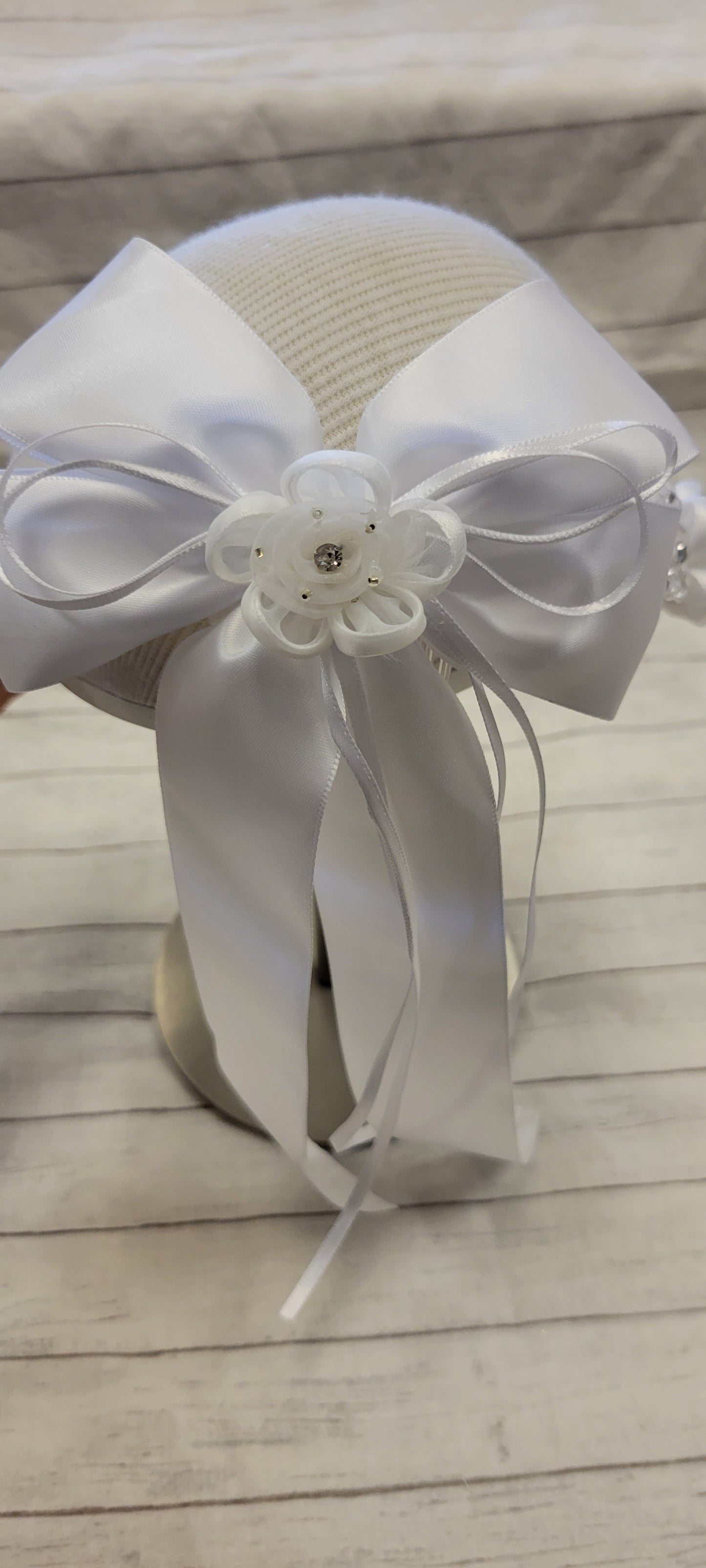 Girls First Communion Flower Crown Veil. Features Organza Flowers with Rhinestones and Pearls