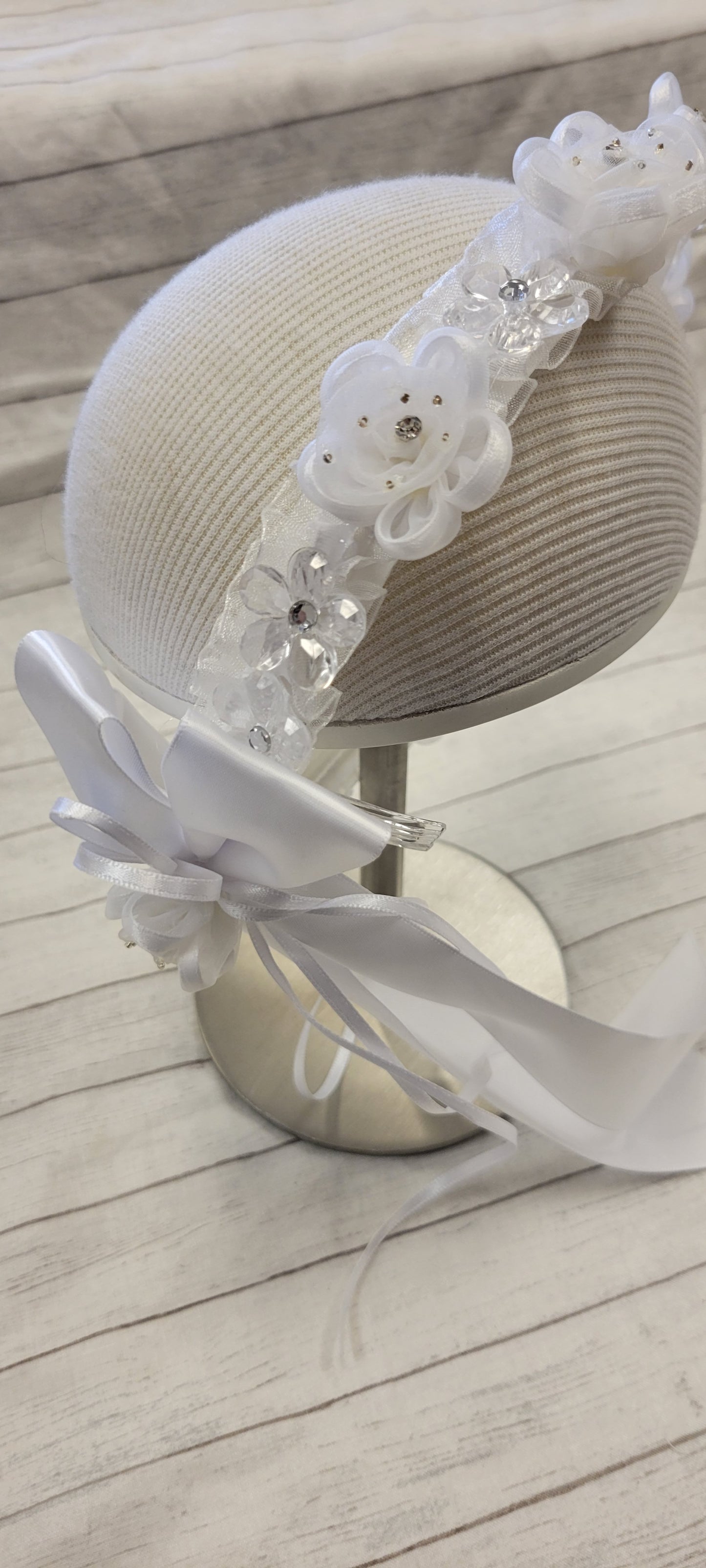 Girls First Communion Flower Crown Veil. Features Organza Flowers with Rhinestones and Pearls