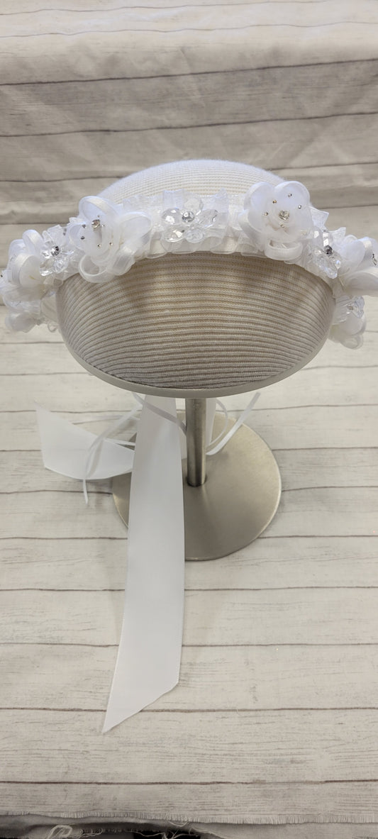 Girls First Communion Flower Crown Veil. Features Organza Flowers with Rhinestones and Pearls