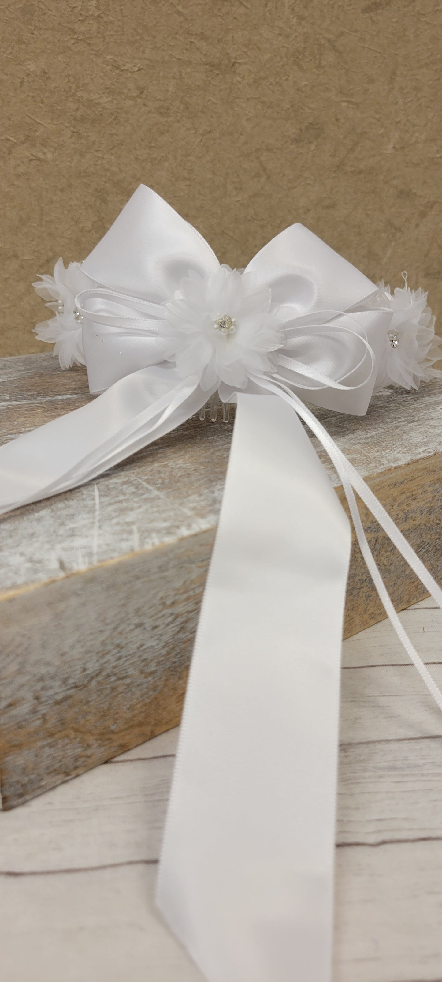 Girls First Communion Flower Crown Veil. Features Organza Flowers with Rhinestones and Pearls