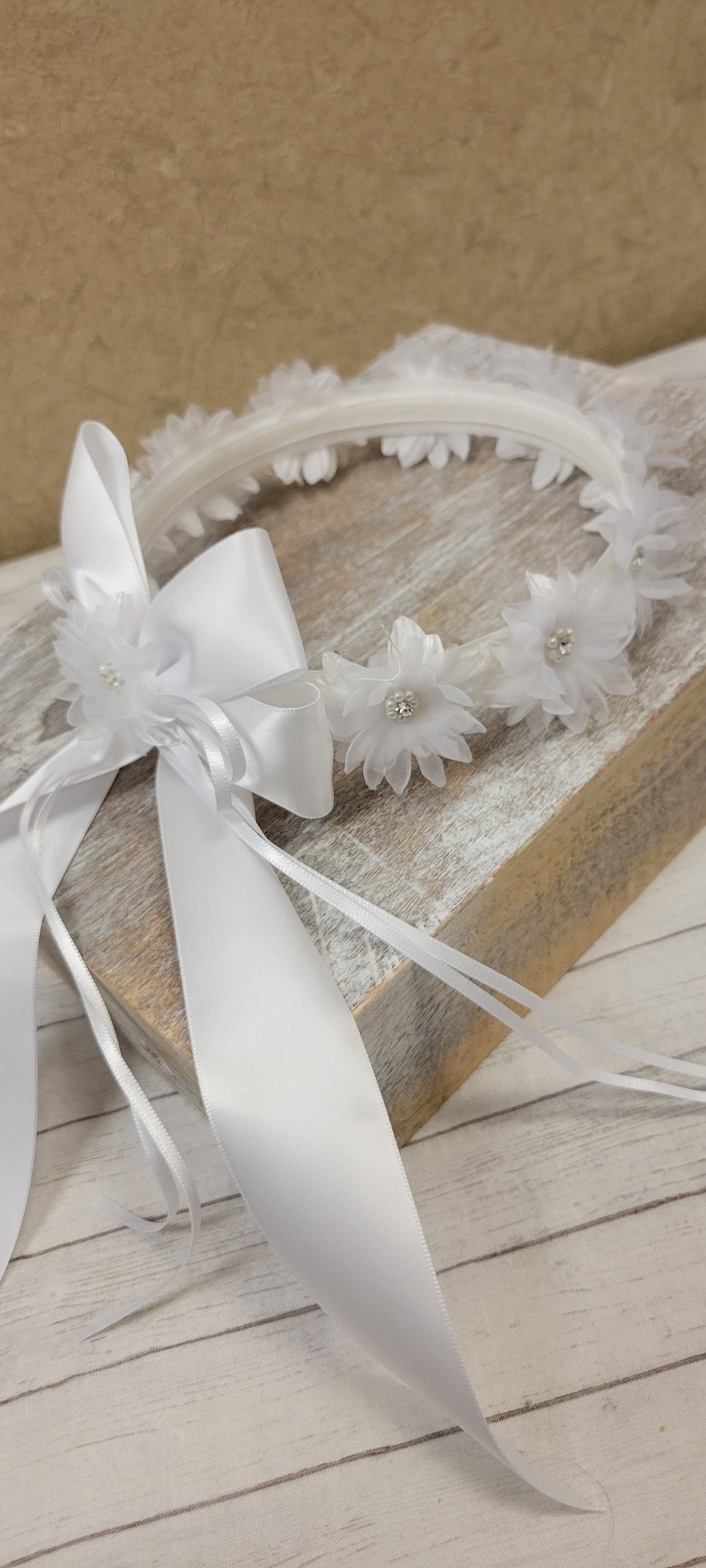 Girls First Communion Flower Crown Veil. Features Organza Flowers with Rhinestones and Pearls