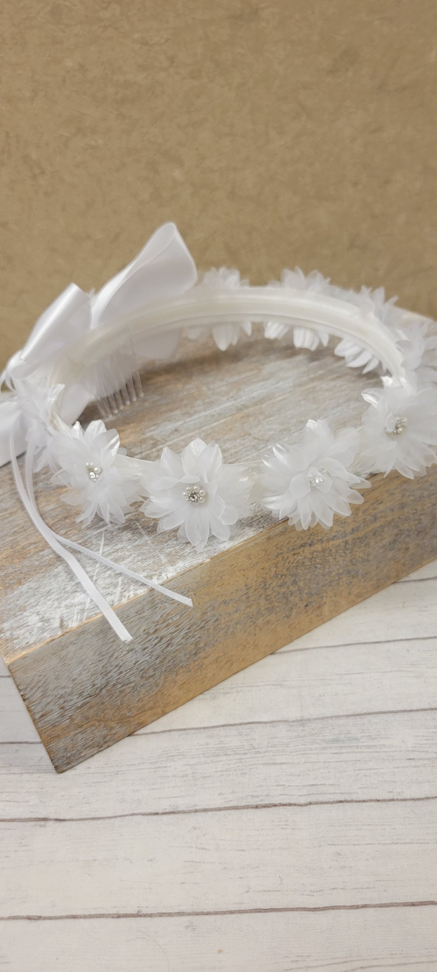 Girls First Communion Flower Crown Veil. Features Organza Flowers with Rhinestones and Pearls