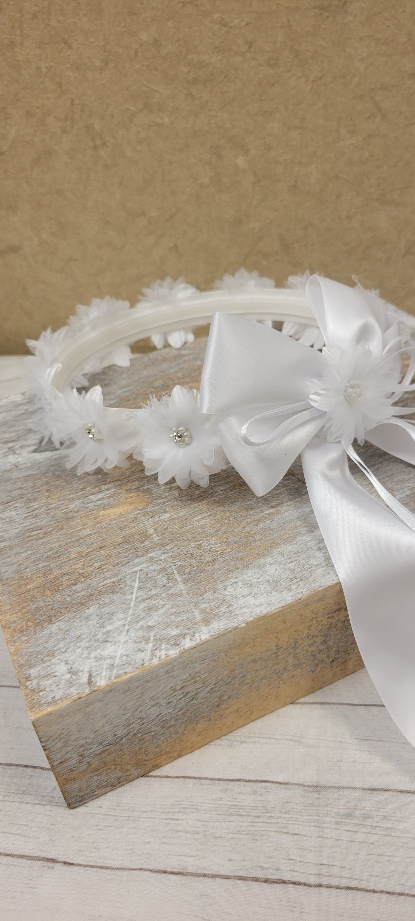 Girls First Communion Flower Crown Veil. Features Organza Flowers with Rhinestones and Pearls