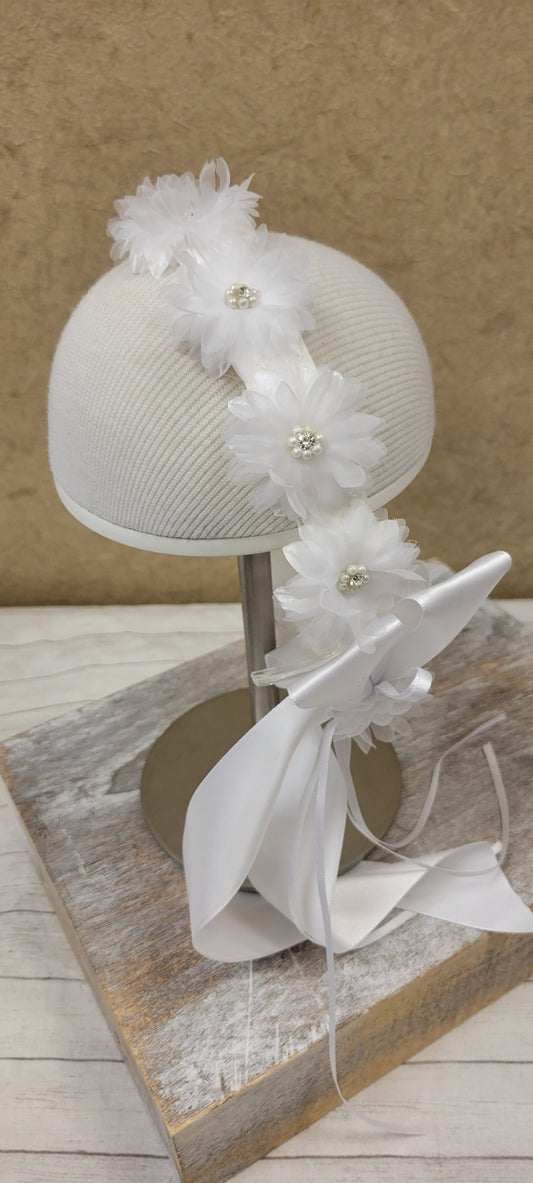 Girls First Communion Flower Crown Veil. Features Organza Flowers with Rhinestones and Pearls