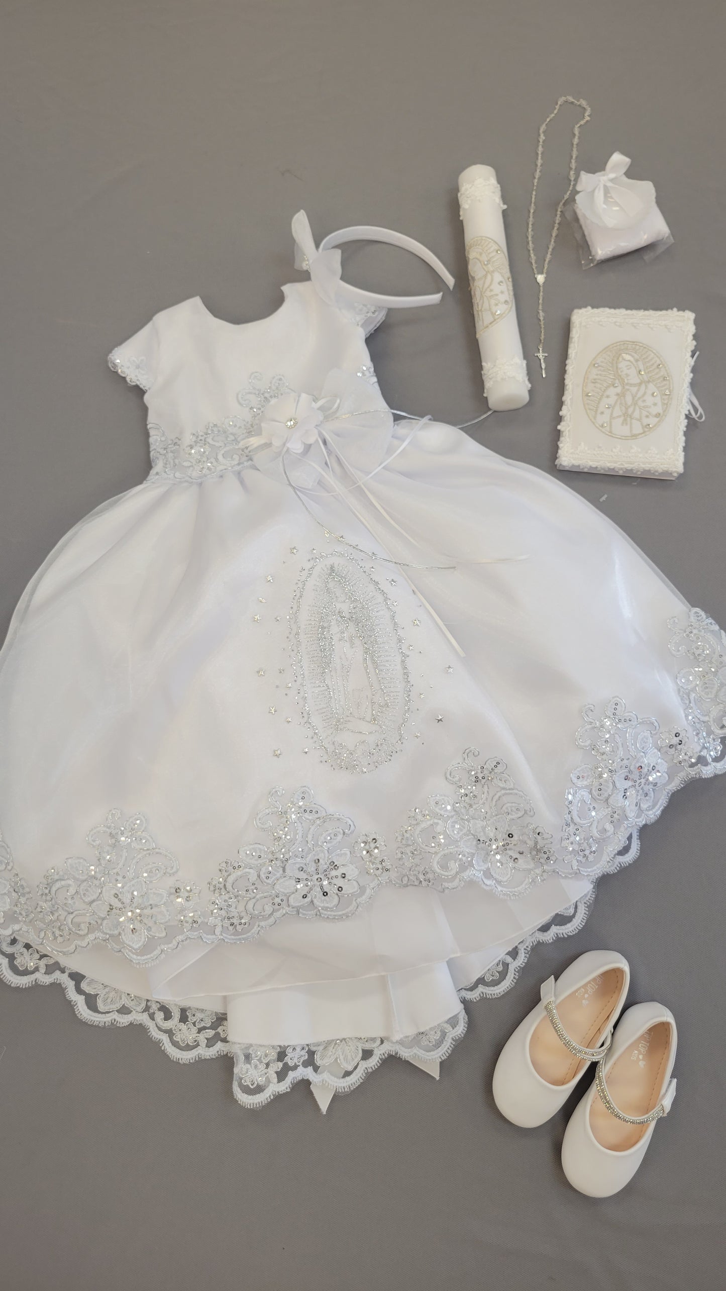 Elena package all included, Virgen de Guadalupe Baptism Dress, White Christening Gown, Baby Girl Baptism Outfit, Vestido Bautizo con Virgen, Handmade Baby Girl Dress 2407