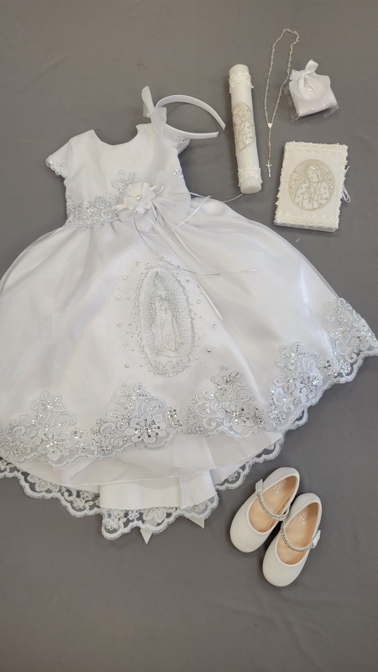 Elena package all included, Virgen de Guadalupe Baptism Dress, White Christening Gown, Baby Girl Baptism Outfit, Vestido Bautizo con Virgen, Handmade Baby Girl Dress 2407