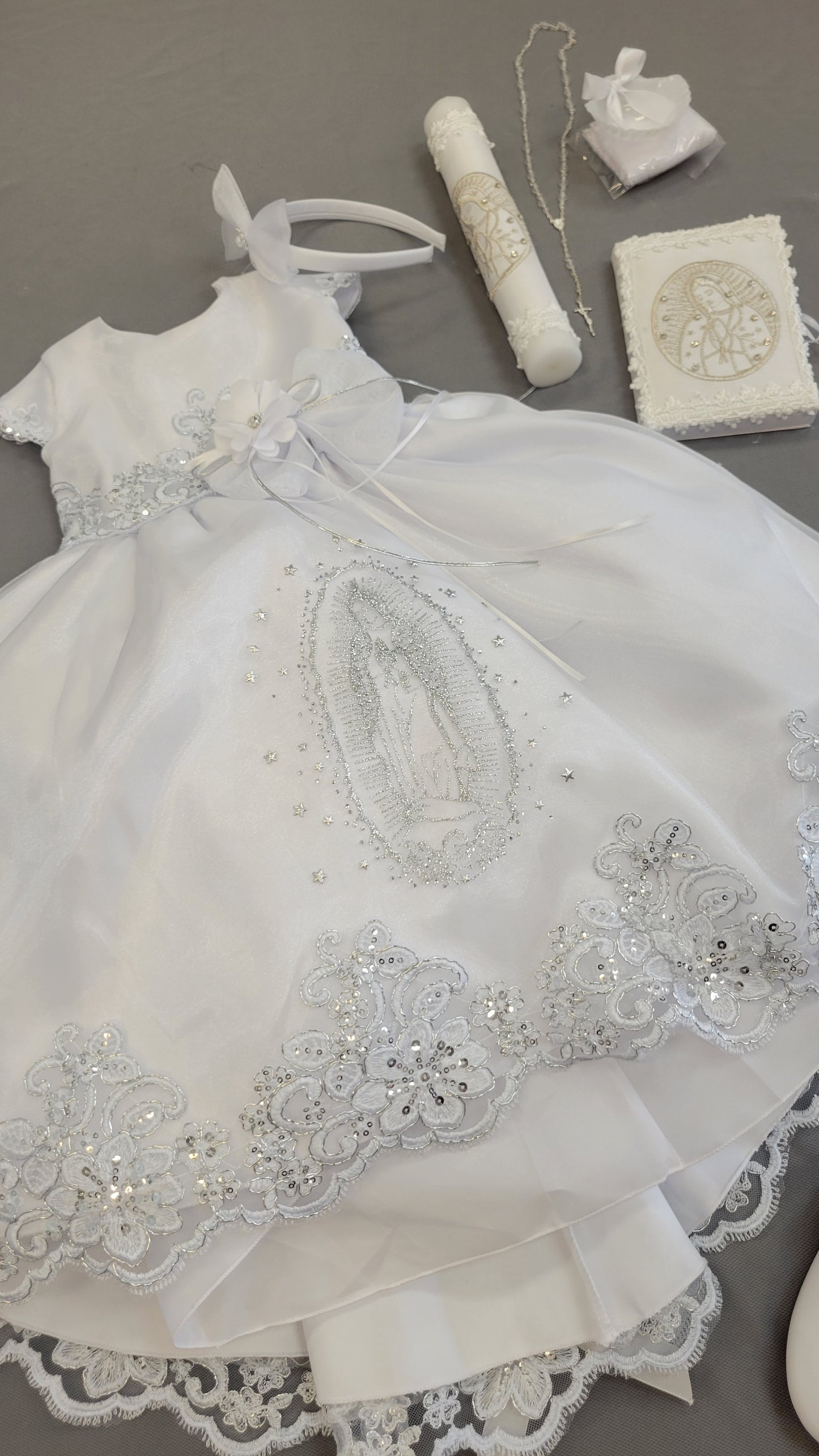Elena package all included, Virgen de Guadalupe Baptism Dress, White Christening Gown, Baby Girl Baptism Outfit, Vestido Bautizo con Virgen, Handmade Baby Girl Dress 2407