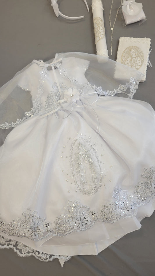 Elena package all included, Virgen de Guadalupe Baptism Dress, White Christening Gown, Baby Girl Baptism Outfit, Vestido Bautizo con Virgen, Handmade Baby Girl Dress 2407