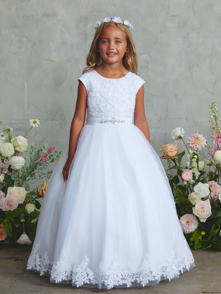 First Holy Communion Dress/vestido de primera comunion whiteCap Sleeve Lace Bodice Dress with Pearls