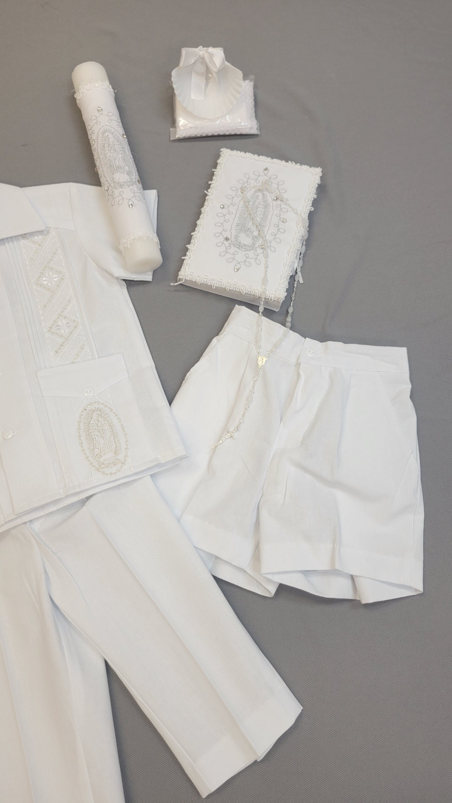 Guayabera traje de Bautizo de Niño, Boy Christening Outfit,virgen de Guadalupe candle set.
