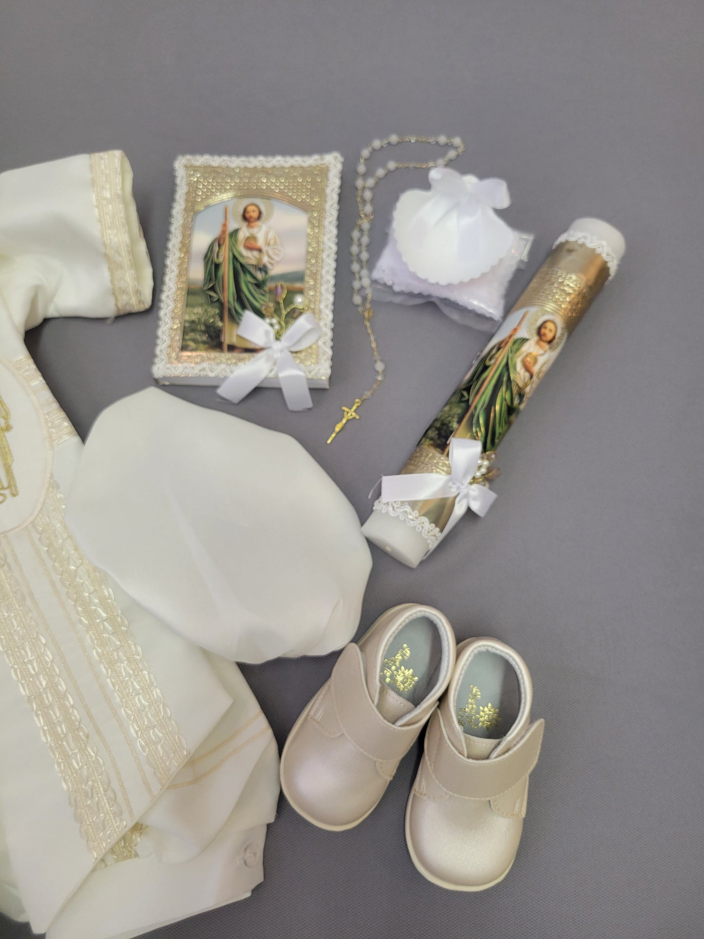 Paquete de Bautizo de Niño, Boy Christening Outfit, candle set. San Judas, Saint jude