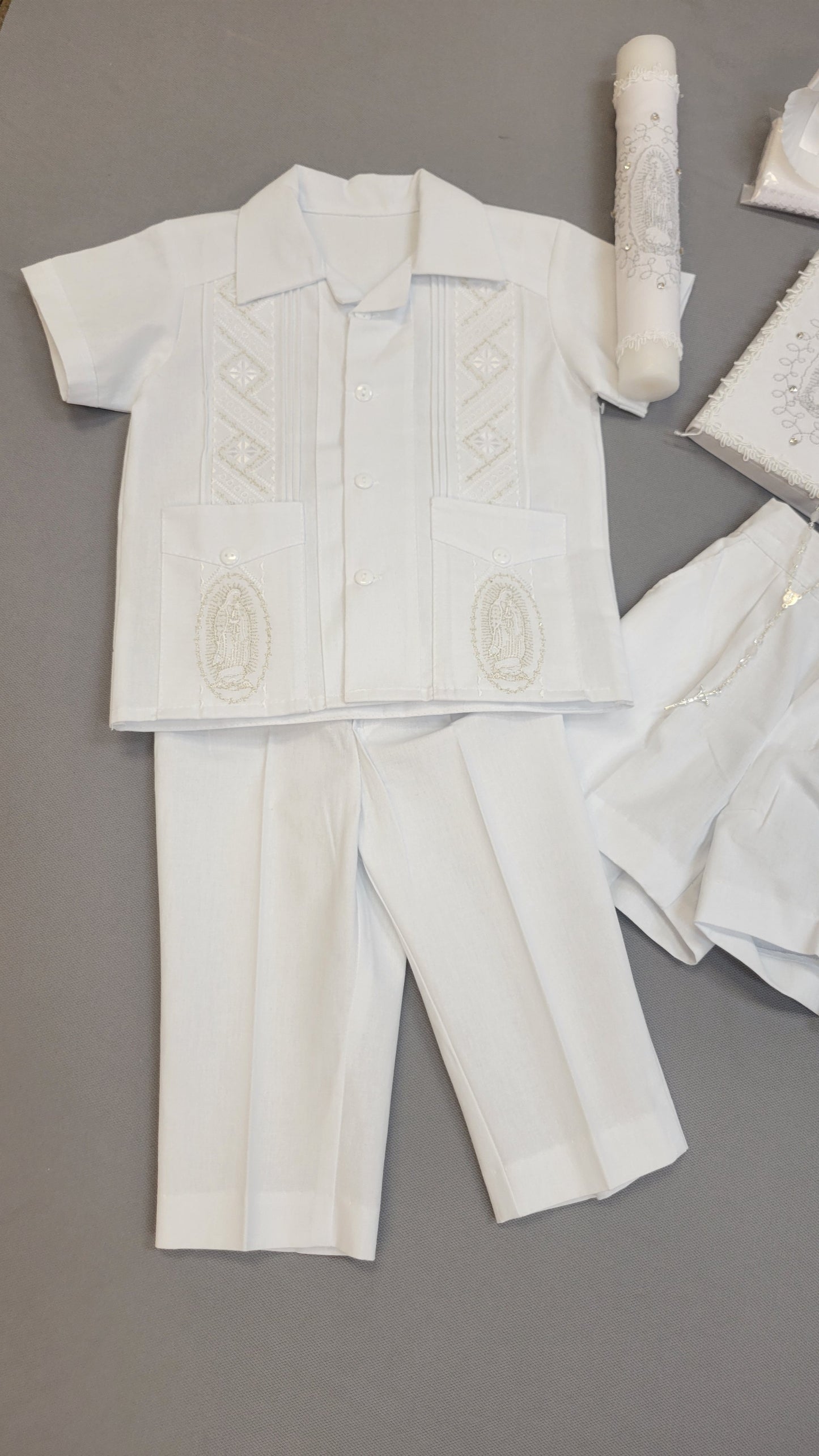 Guayabera traje de Bautizo de Niño, Boy Christening Outfit,virgen de Guadalupe candle set.