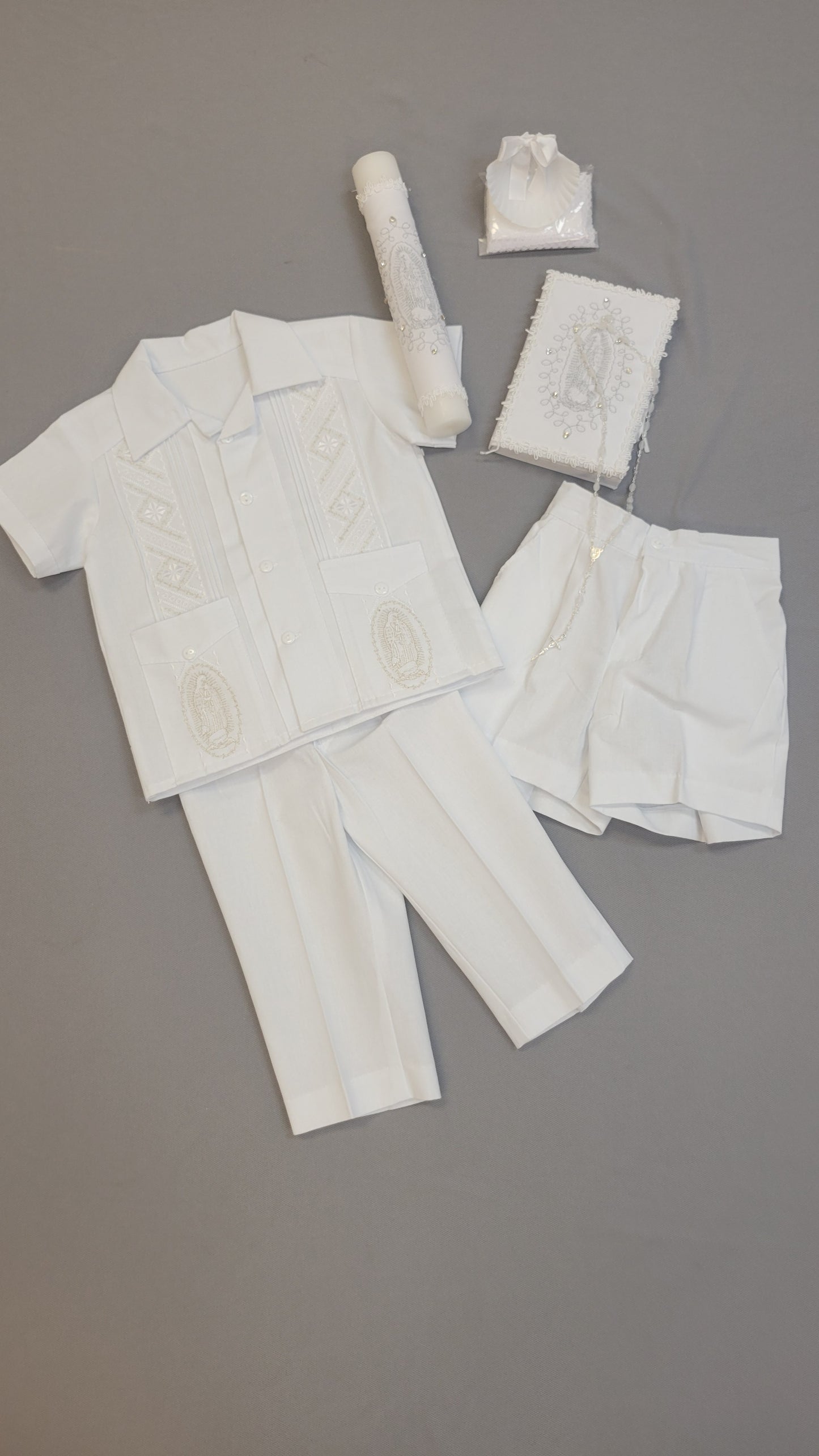 Guayabera traje de Bautizo de Niño, Boy Christening Outfit,virgen de Guadalupe candle set.