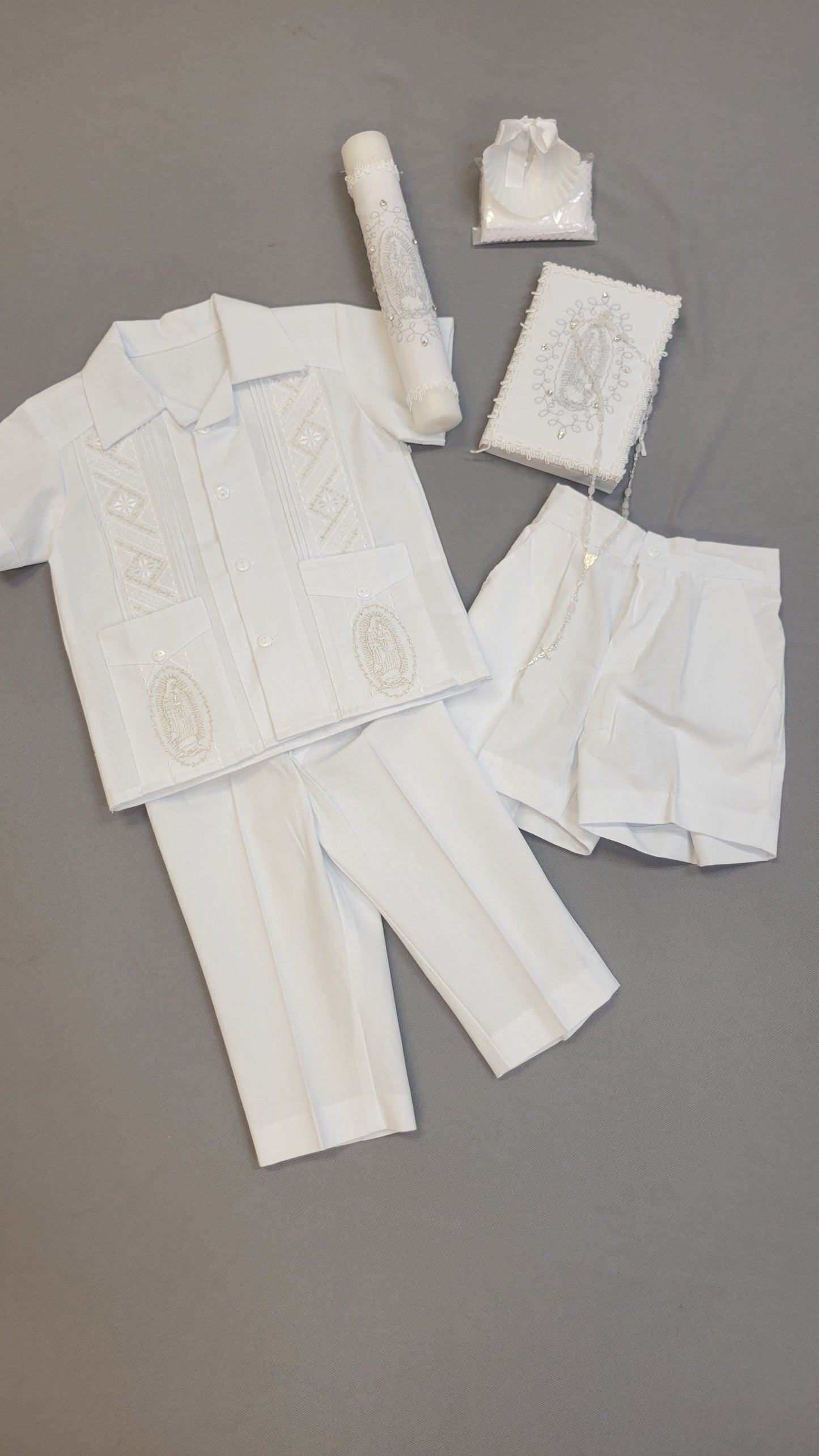 Guayabera traje de Bautizo de Niño, Boy Christening Outfit,virgen de Guadalupe candle set.