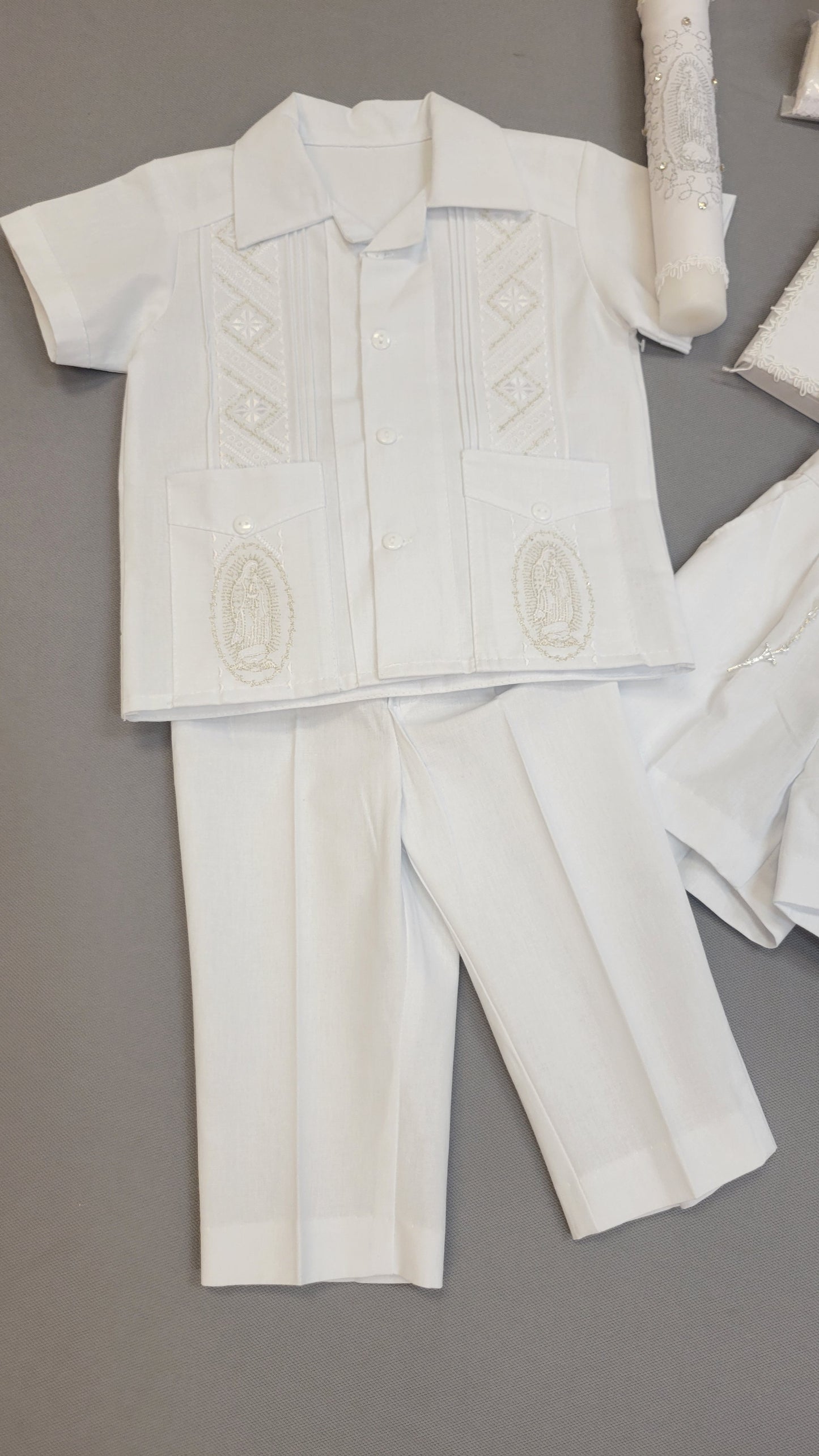 Guayabera traje de Bautizo de Niño, Boy Christening Outfit,virgen de Guadalupe candle set.