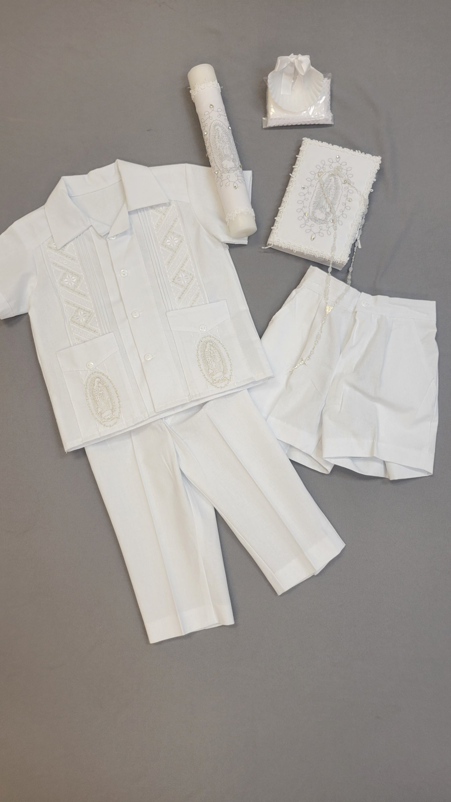 Guayabera traje de Bautizo de Niño, Boy Christening Outfit,virgen de Guadalupe candle set.