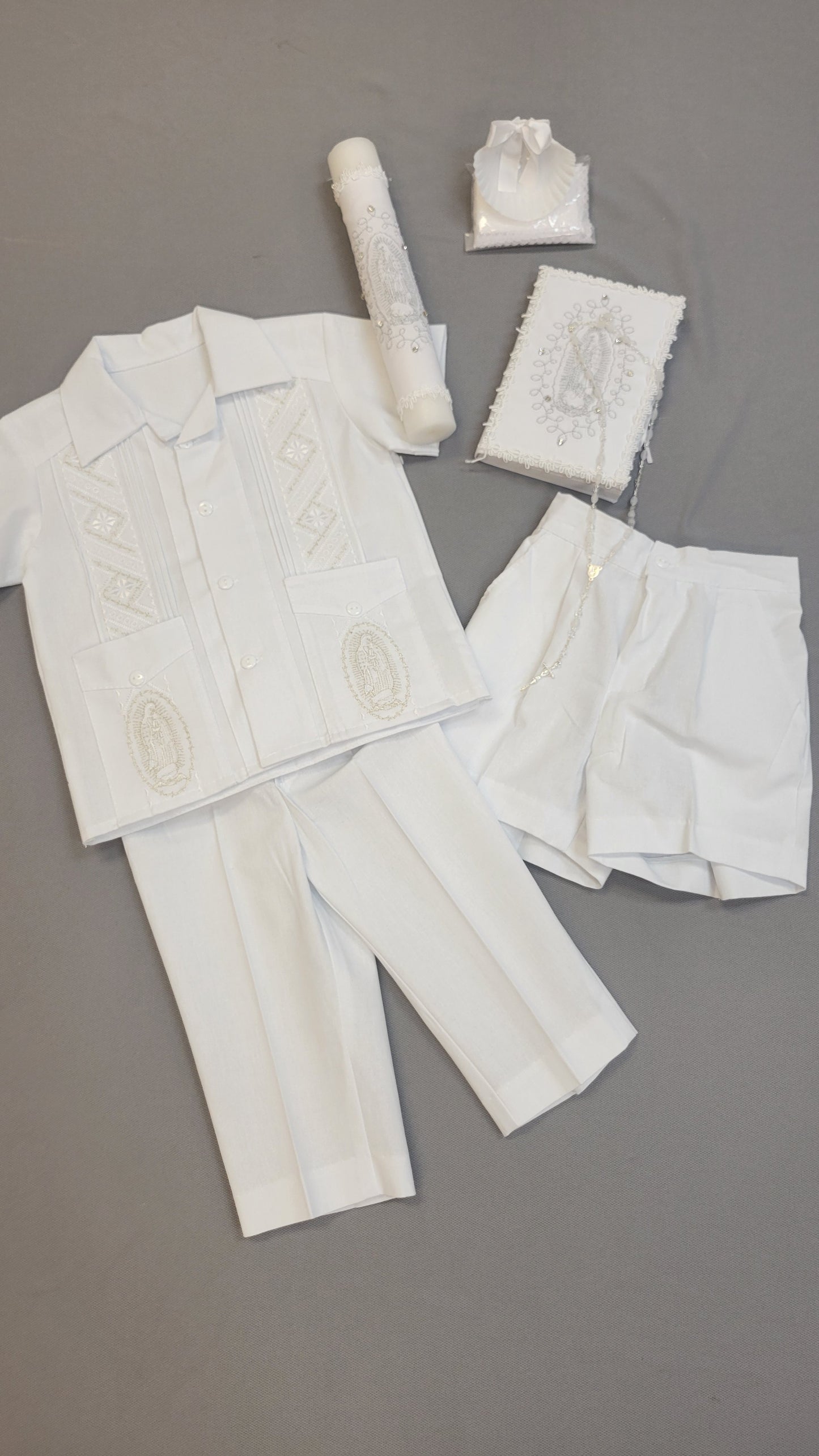 Guayabera traje de Bautizo de Niño, Boy Christening Outfit,virgen de Guadalupe candle set.