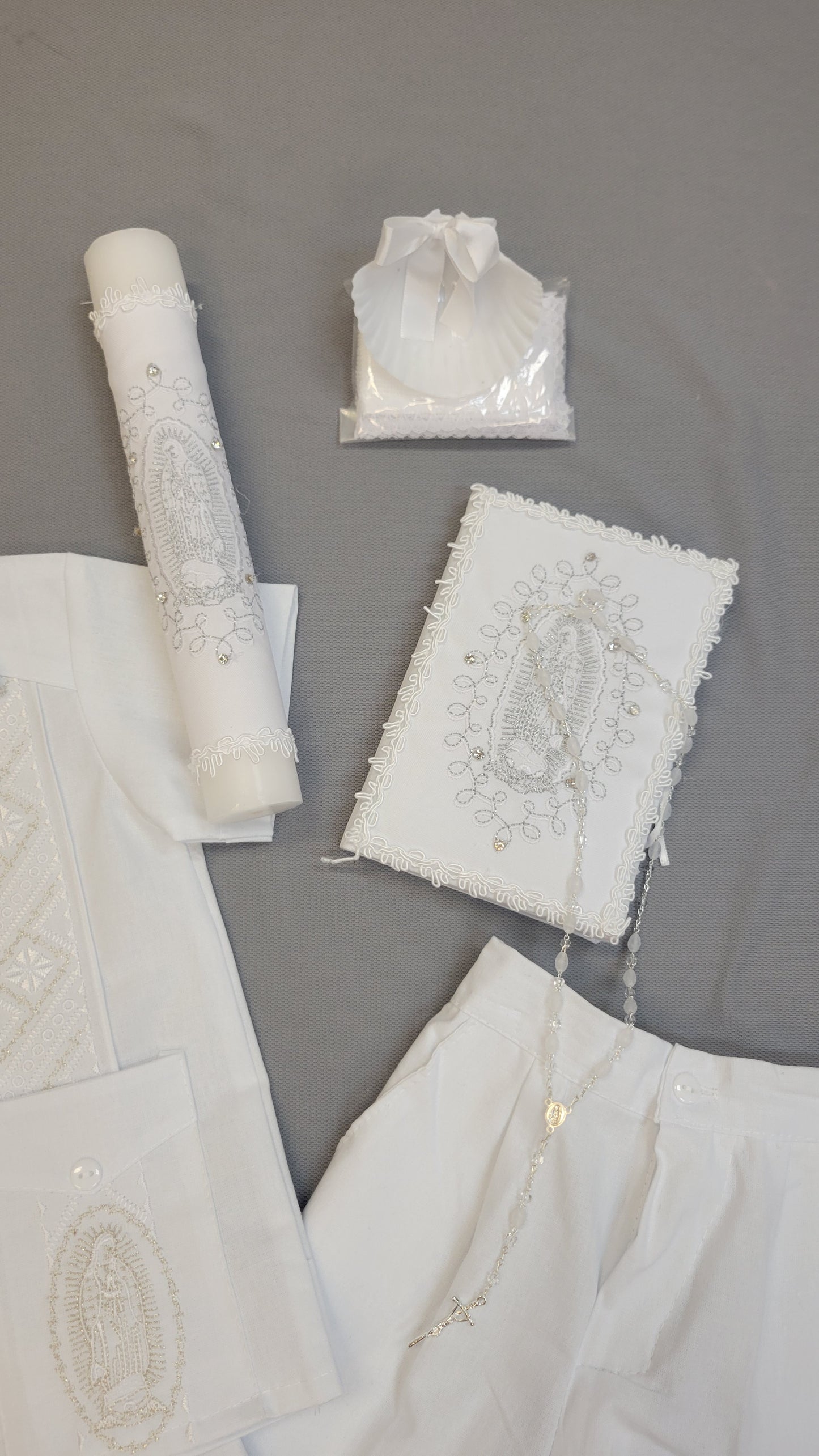 Guayabera traje de Bautizo de Niño, Boy Christening Outfit,virgen de Guadalupe candle set.