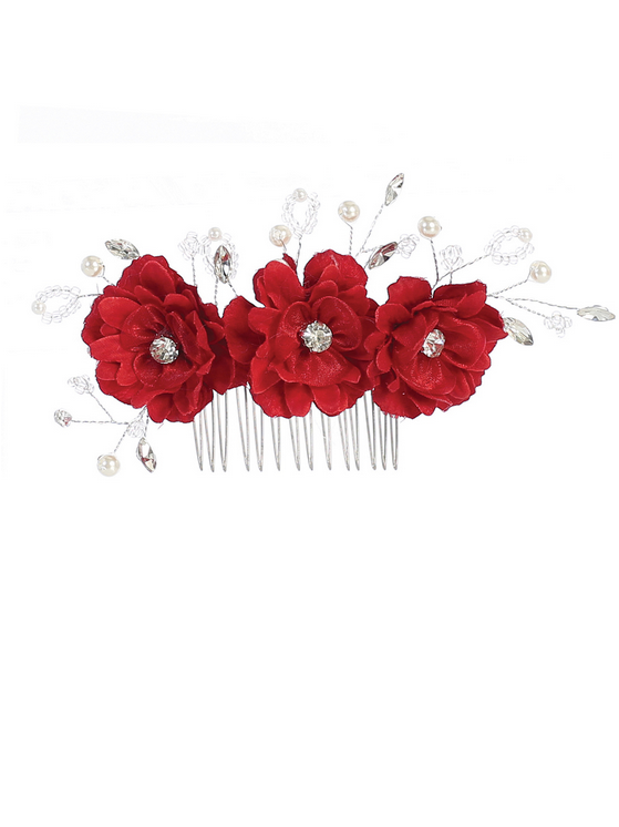 Three Flower Hair Comb with Beading and Rhinestones