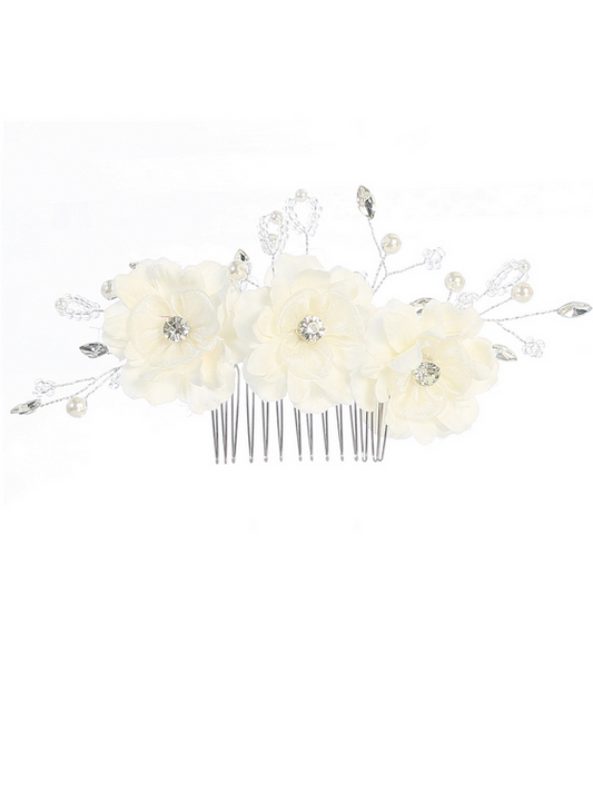 Three Flower Hair Comb with Beading and Rhinestones