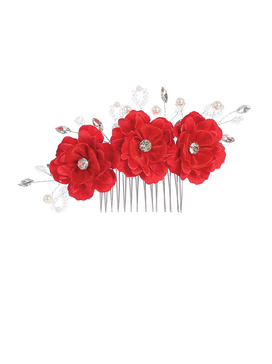 Three Flower Hair Comb with Beading and Rhinestones