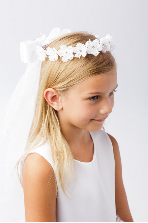 Girls First Communion Flower Crown Veil. Features Organza Flowers with Rhinestones and Pearls