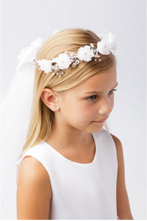 Girls First Communion Flower Crown Veil. Features Organza Flowers with Rhinestones and Pearlstones and Pearls