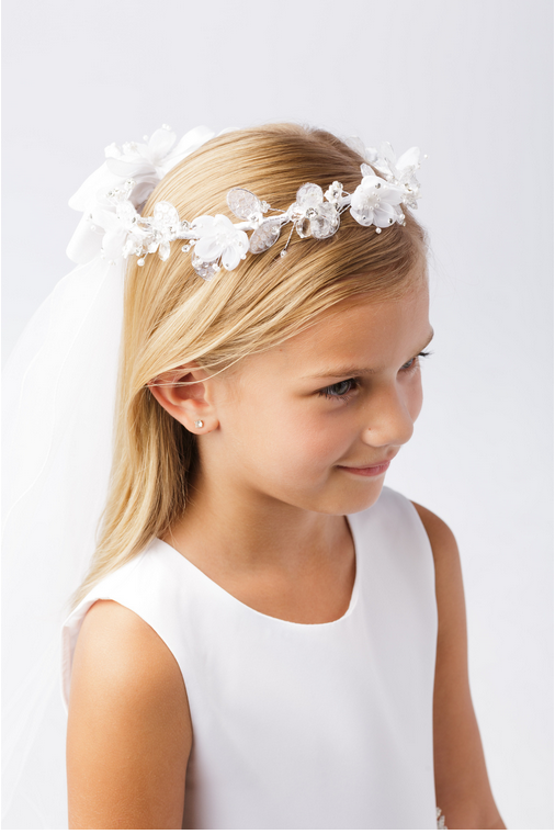 Girls First Communion Flower Crown Veil. Features Organza Flowers with Rhinestones and Pearlstones and Pearls