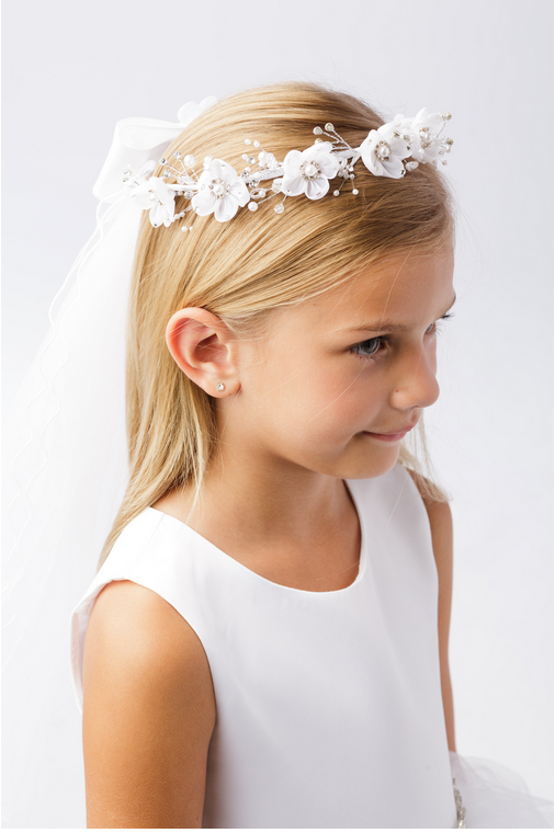 Girls First Communion Flower Crown Veil. Features Organza Flowers with Rhinestones and Pearlstones and Pearls