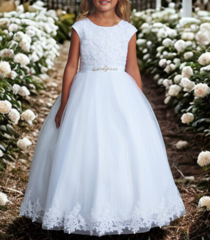 First Holy Communion Dress/vestido de primera comunion whiteCap Sleeve Lace Bodice Dress with Pearls