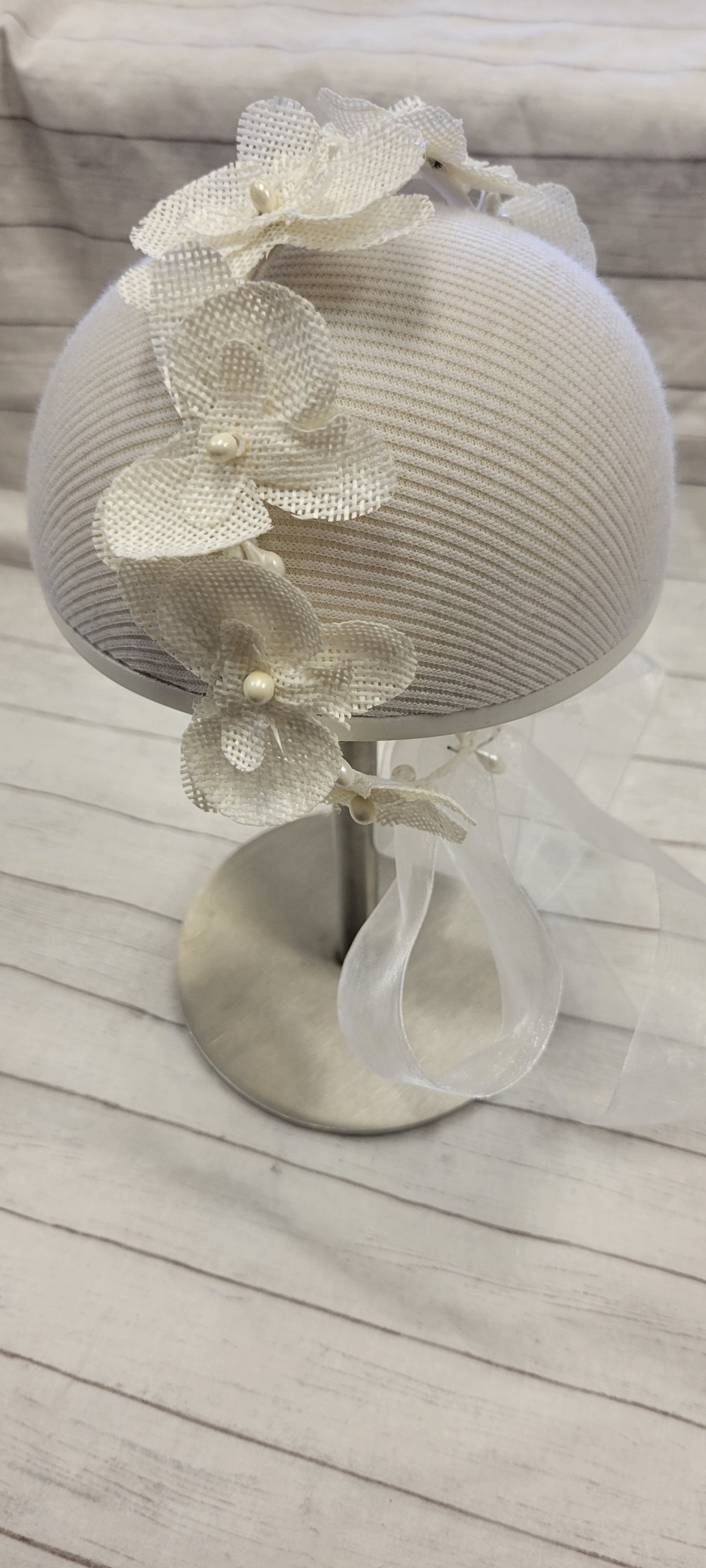 Girls First Communion Flower Crown Veil. Features Organza Flowers with Rhinestones and Pearls