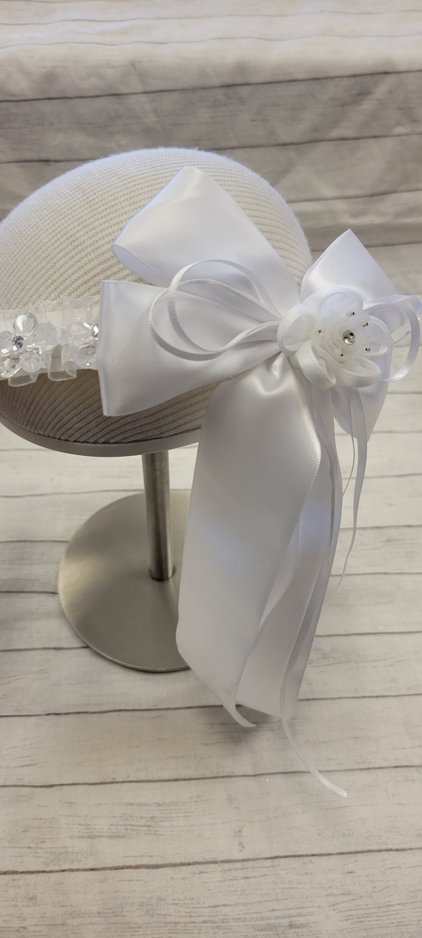 Girls First Communion Flower Crown Veil. Features Organza Flowers with Rhinestones and Pearls