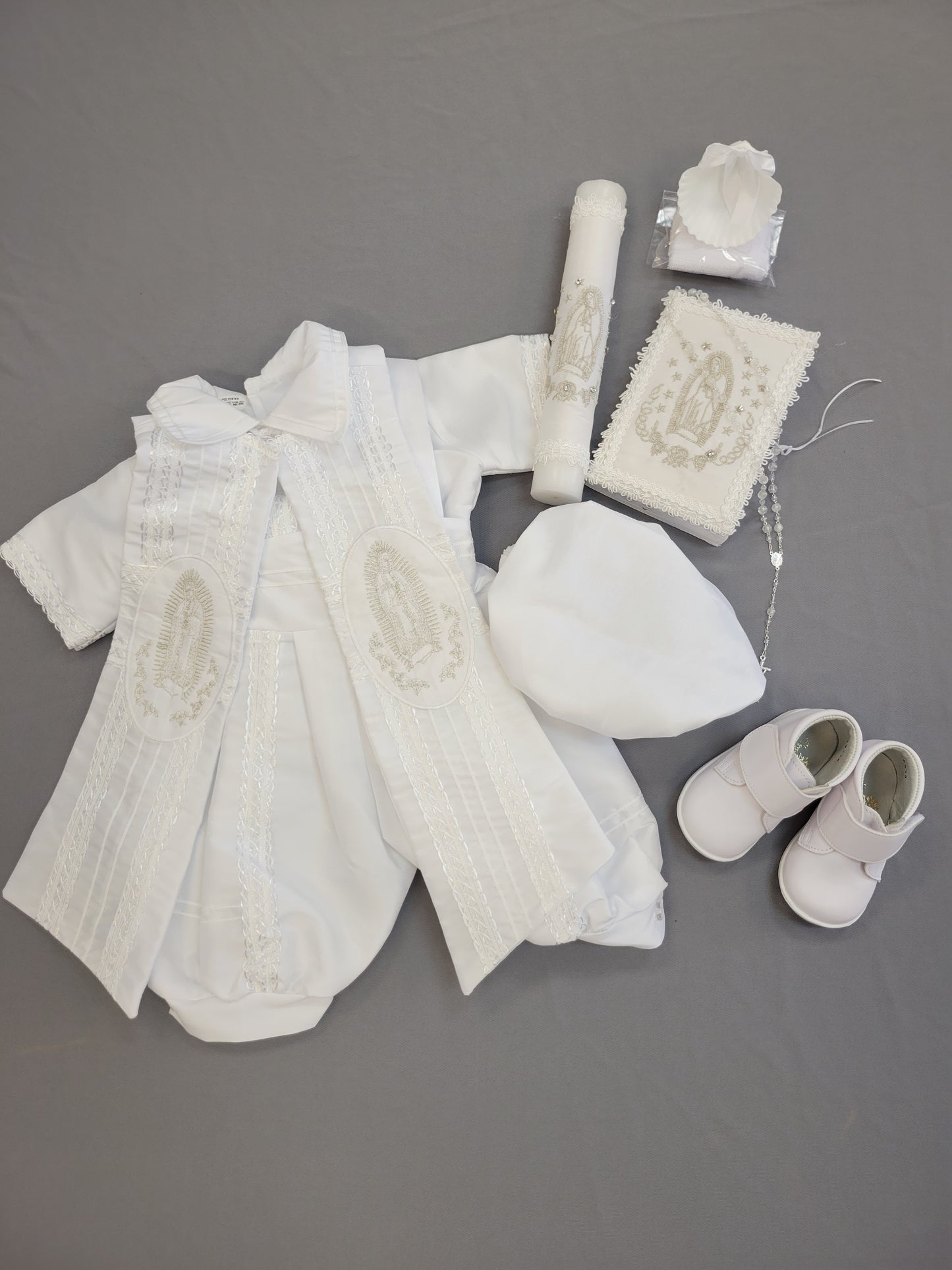 Ropon de Bautizo de Niño, Boy Christening Outfit, candle set. Virgen de Guadalupe