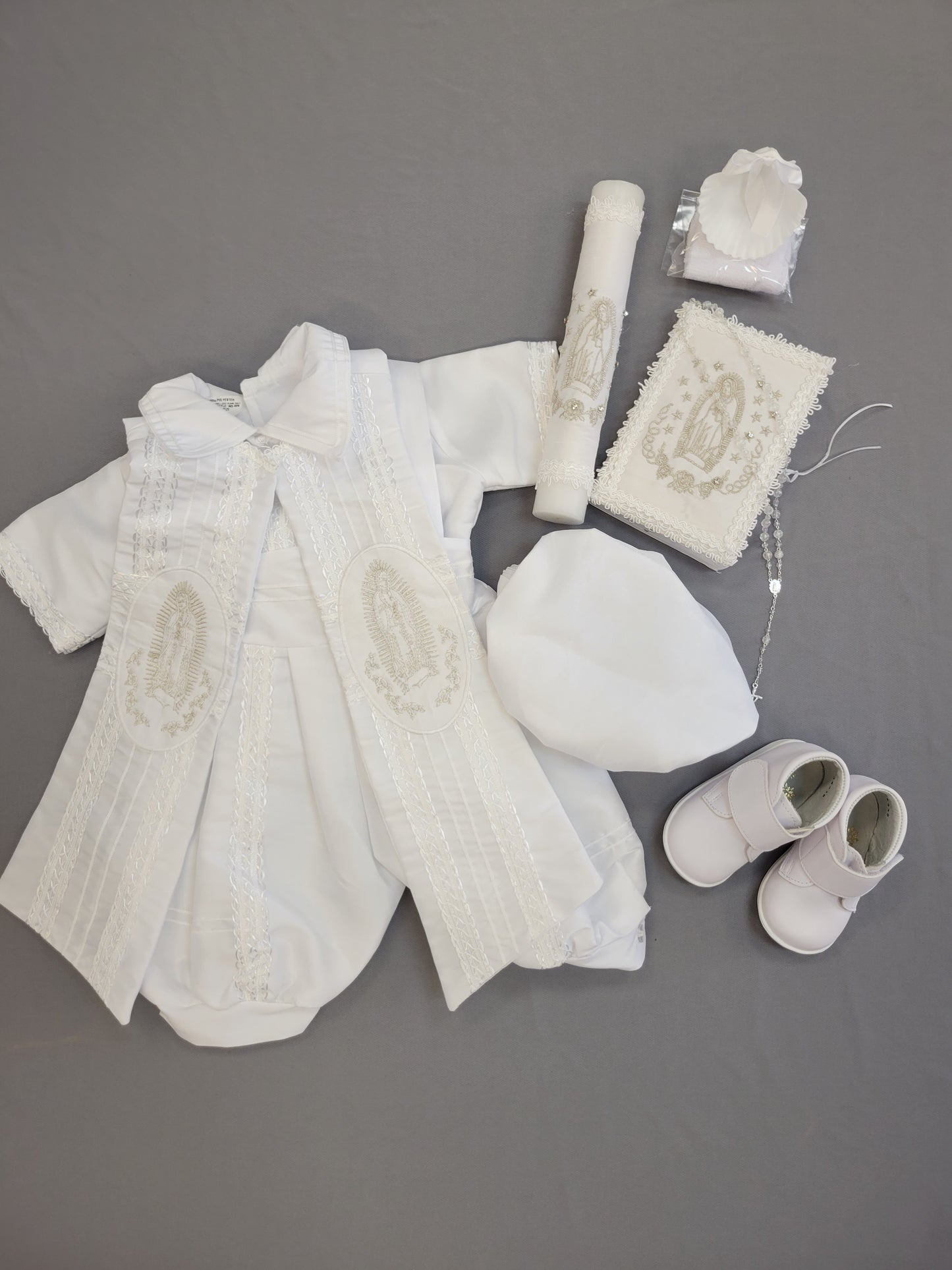 Ropon de Bautizo de Niño, Boy Christening Outfit, candle set. Virgen de Guadalupe