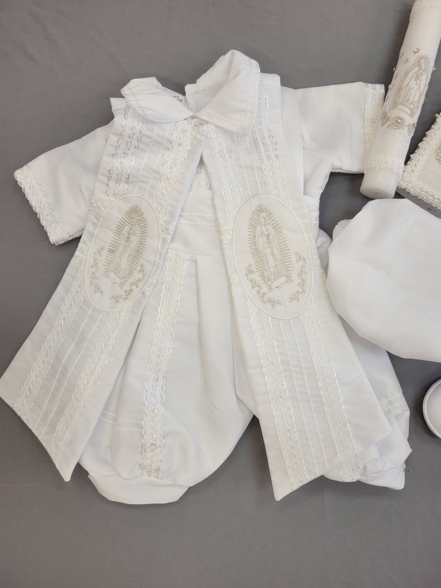 Ropon de Bautizo de Niño, Boy Christening Outfit, candle set. Virgen de Guadalupe