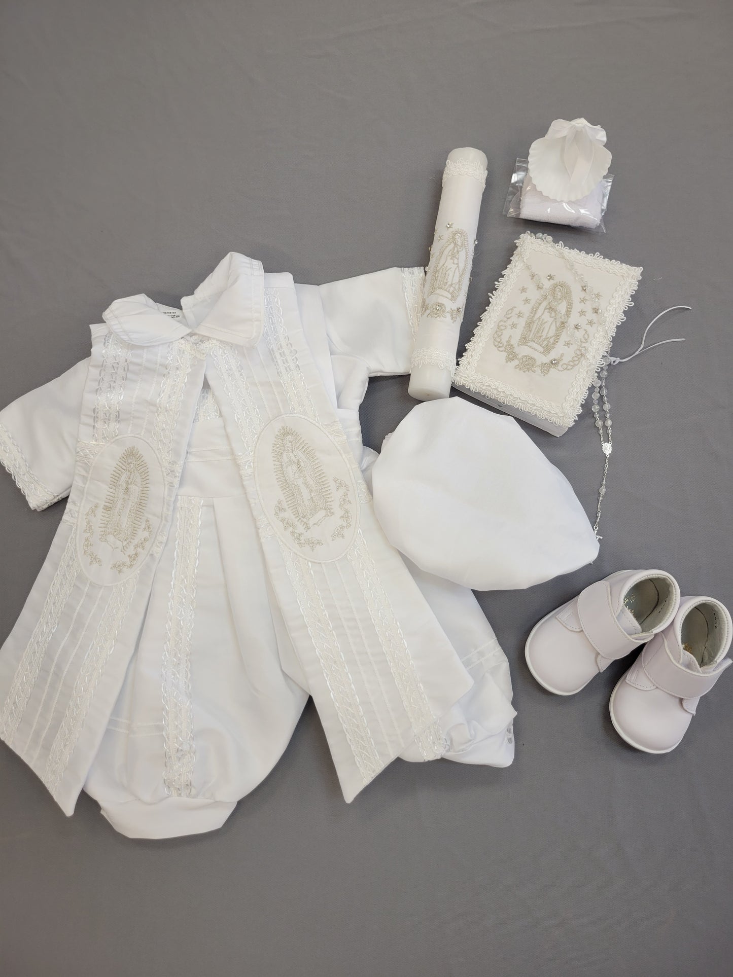 Ropon de Bautizo de Niño, Boy Christening Outfit, candle set. Virgen de Guadalupe