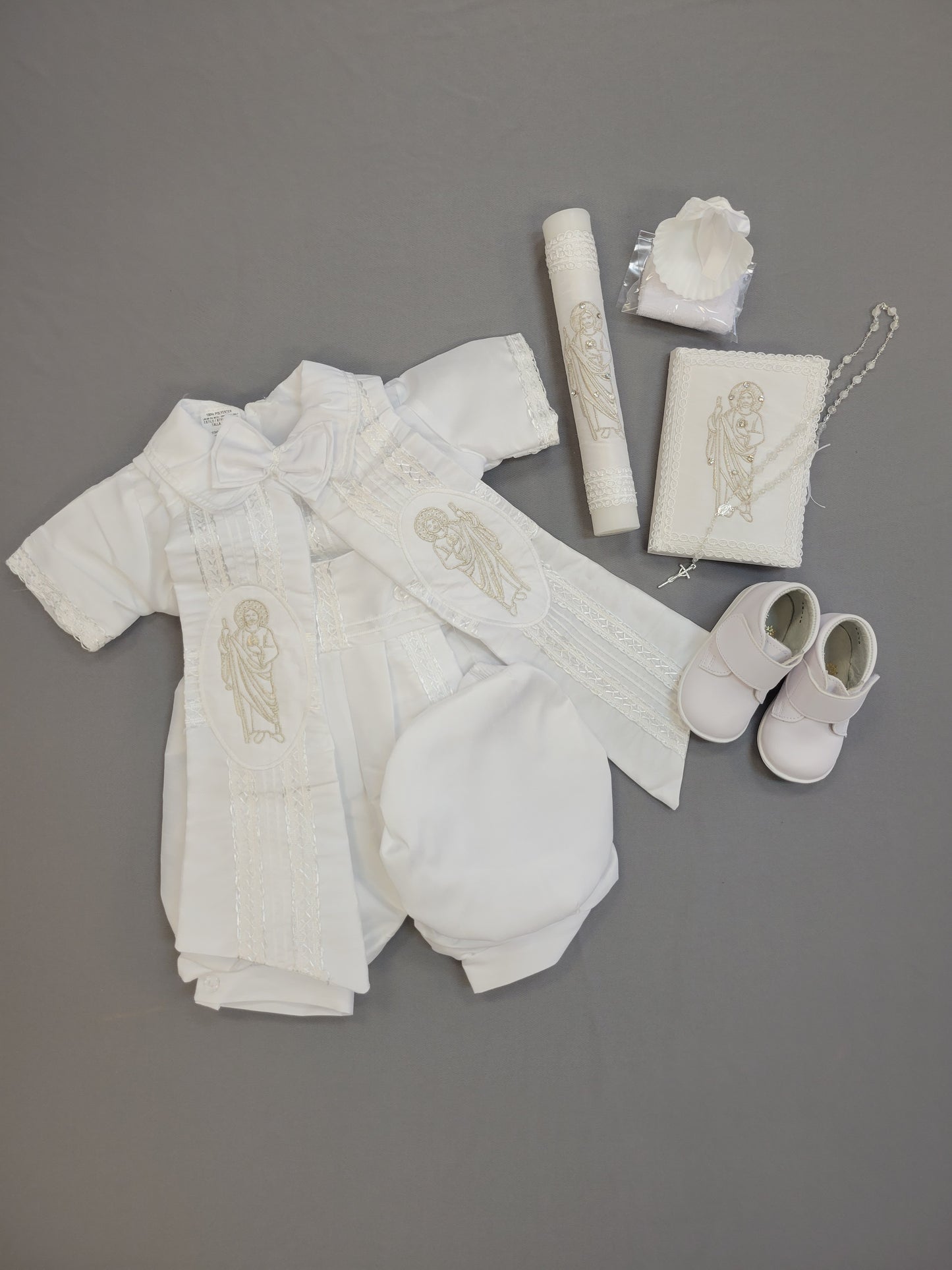 Ropon de Bautizo de Niño, Boy Christening Outfit, candle set. San Judas, Saint jude