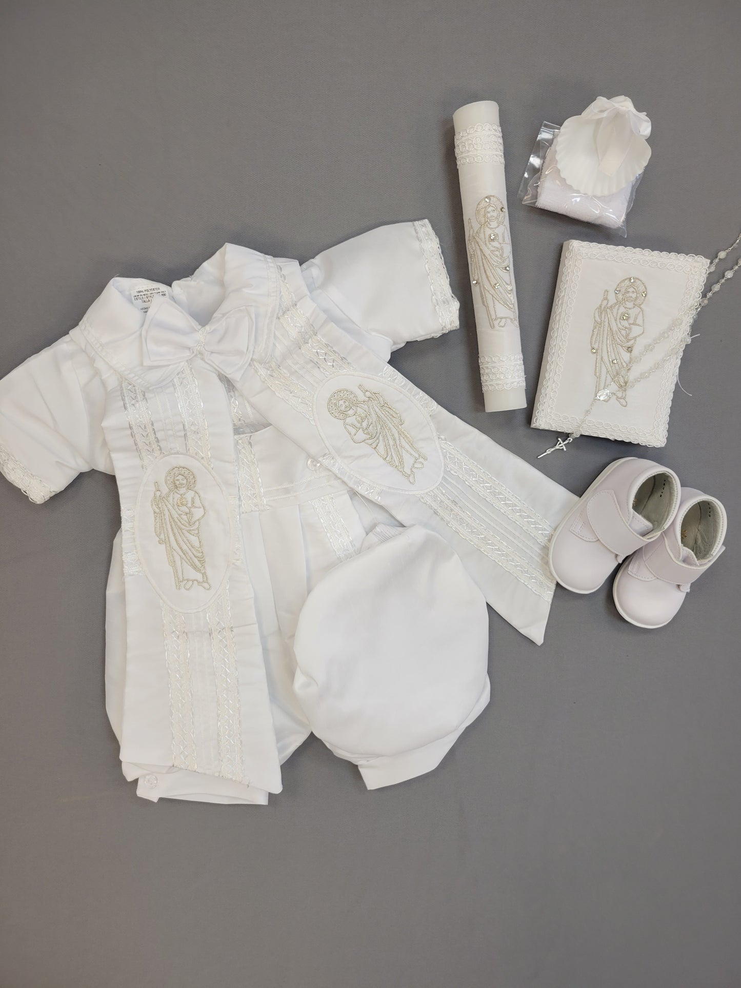 Ropon de Bautizo de Niño, Boy Christening Outfit, candle set. San Judas, Saint jude