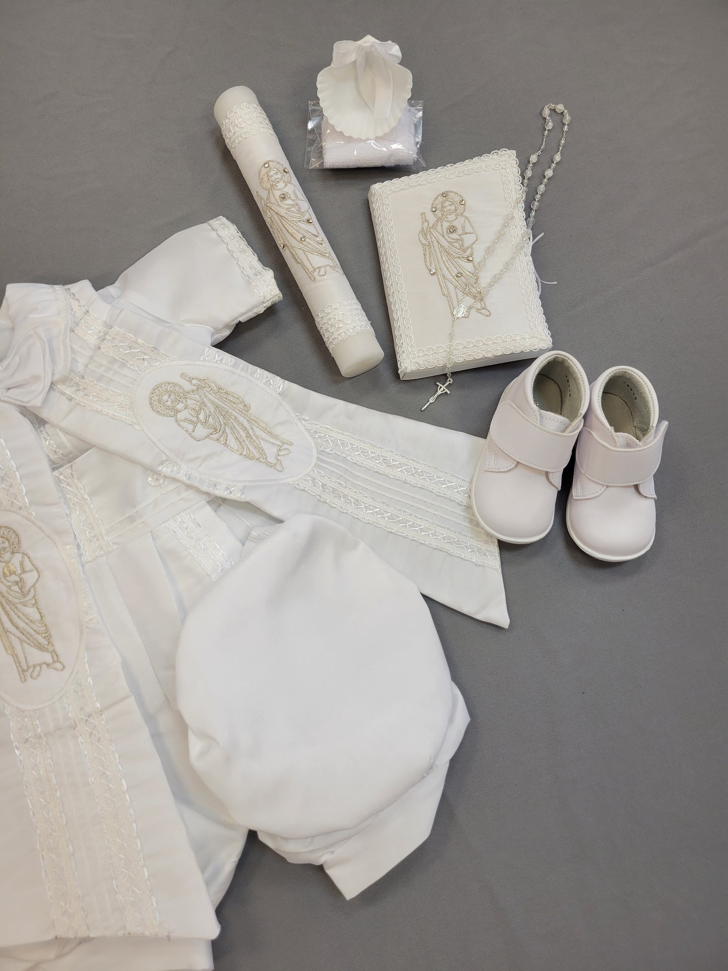 Ropon de Bautizo de Niño, Boy Christening Outfit, candle set. San Judas, Saint jude