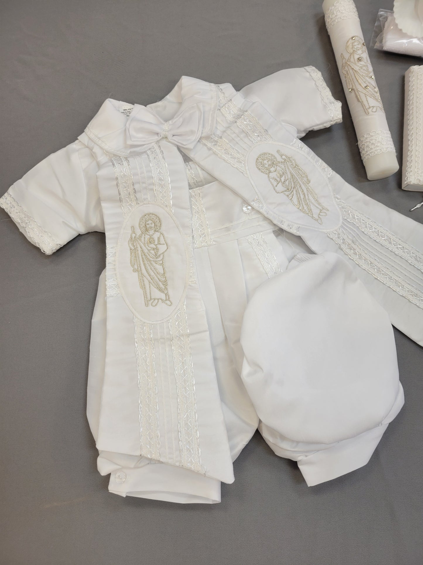 Ropon de Bautizo de Niño, Boy Christening Outfit, candle set. San Judas, Saint jude