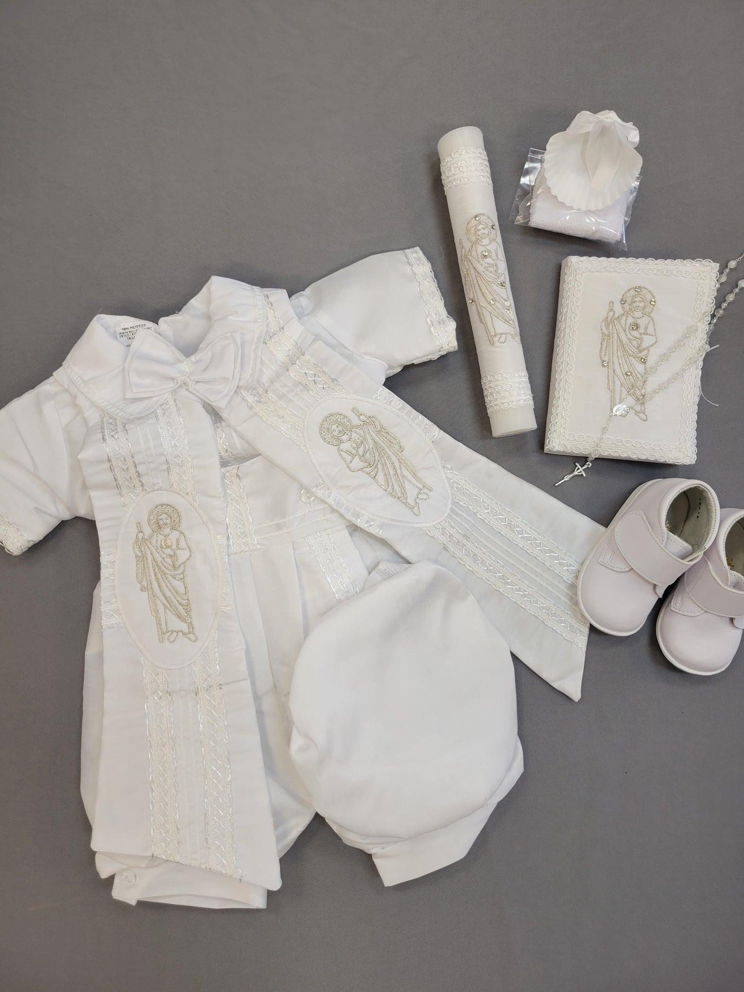 Ropon de Bautizo de Niño, Boy Christening Outfit, candle set. San Judas, Saint jude